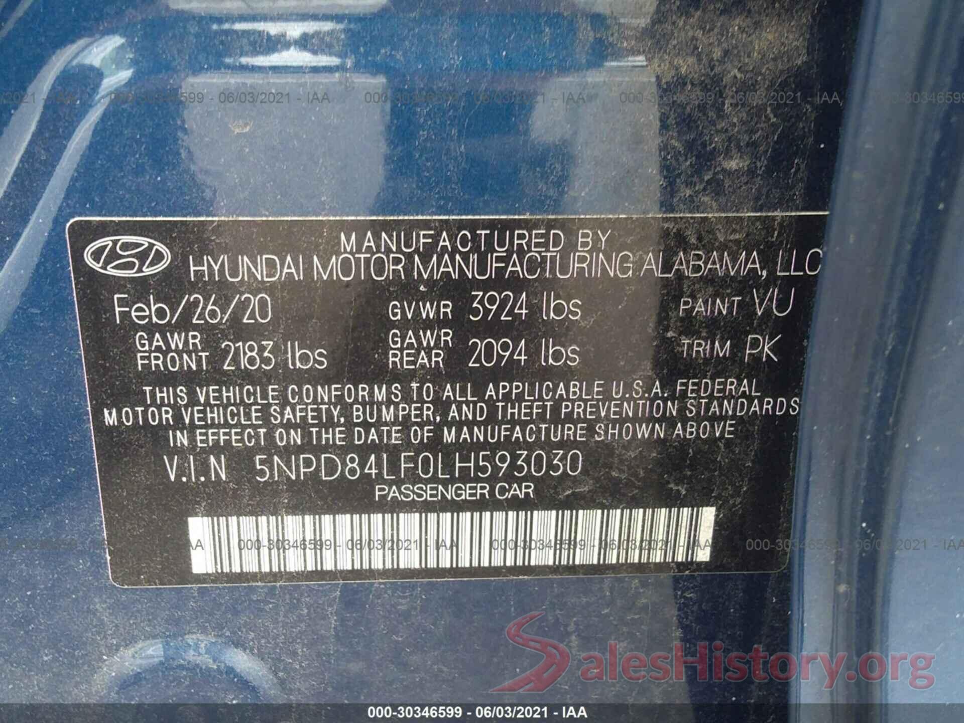 5NPD84LF0LH593030 2020 HYUNDAI ELANTRA