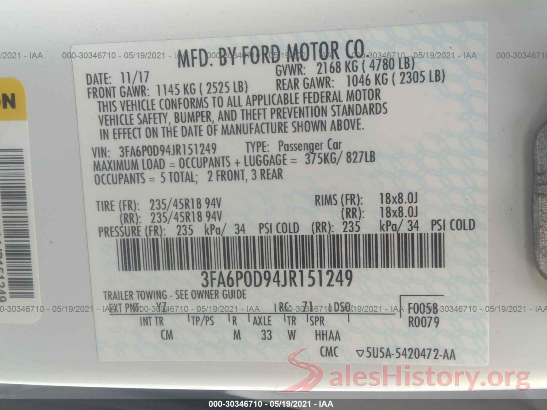 3FA6P0D94JR151249 2018 FORD FUSION