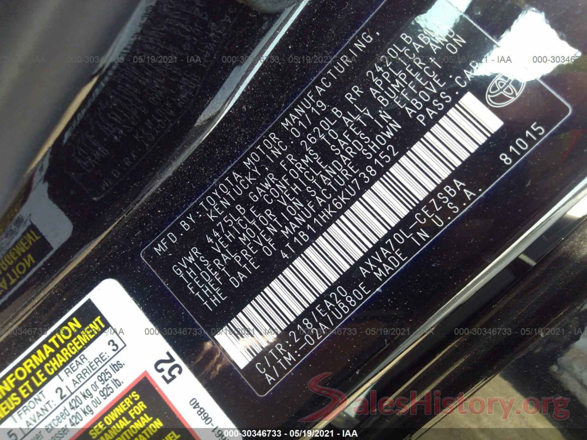 4T1B11HK6KU738152 2019 TOYOTA CAMRY