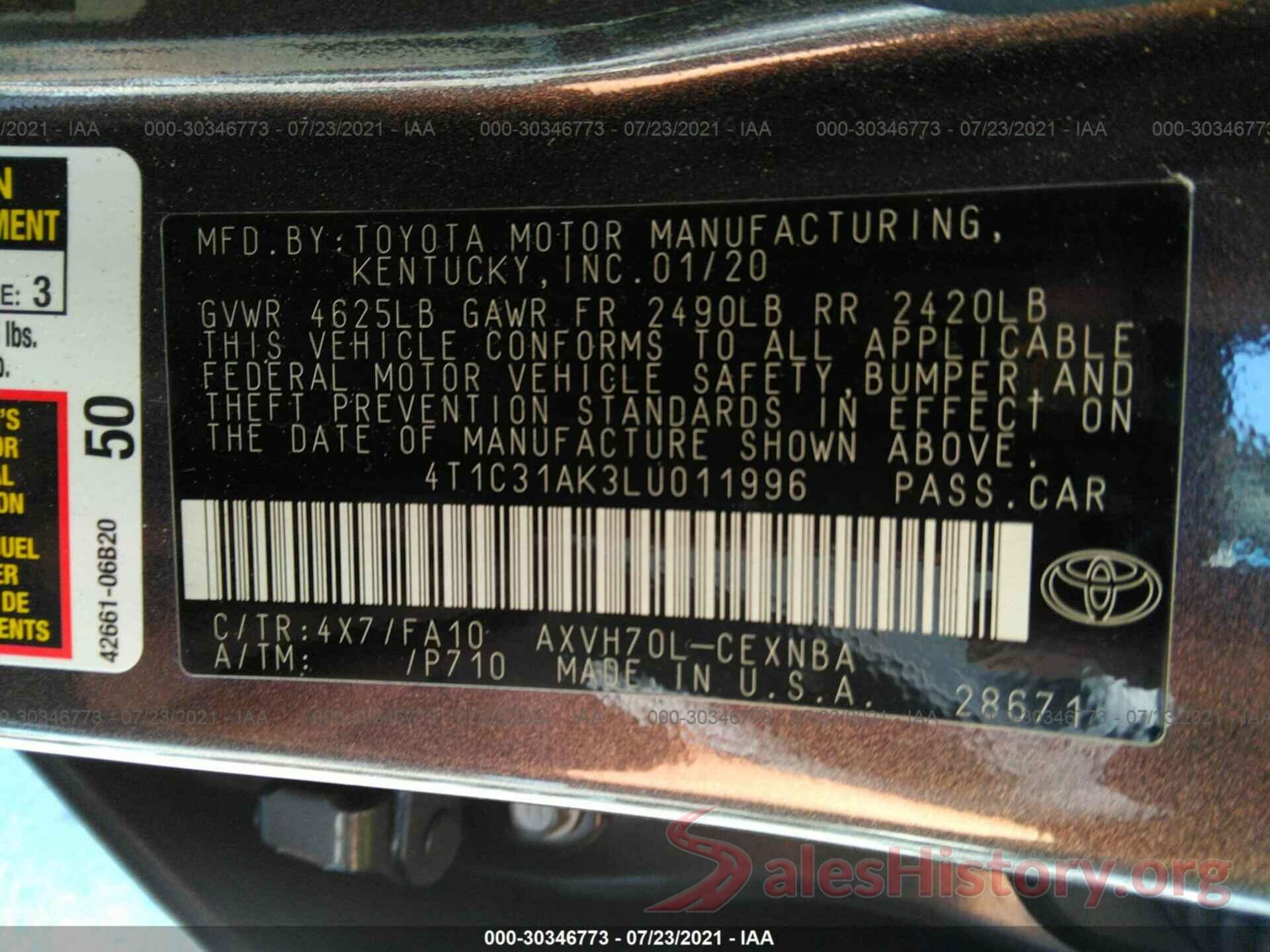 4T1C31AK3LU011996 2020 TOYOTA CAMRY