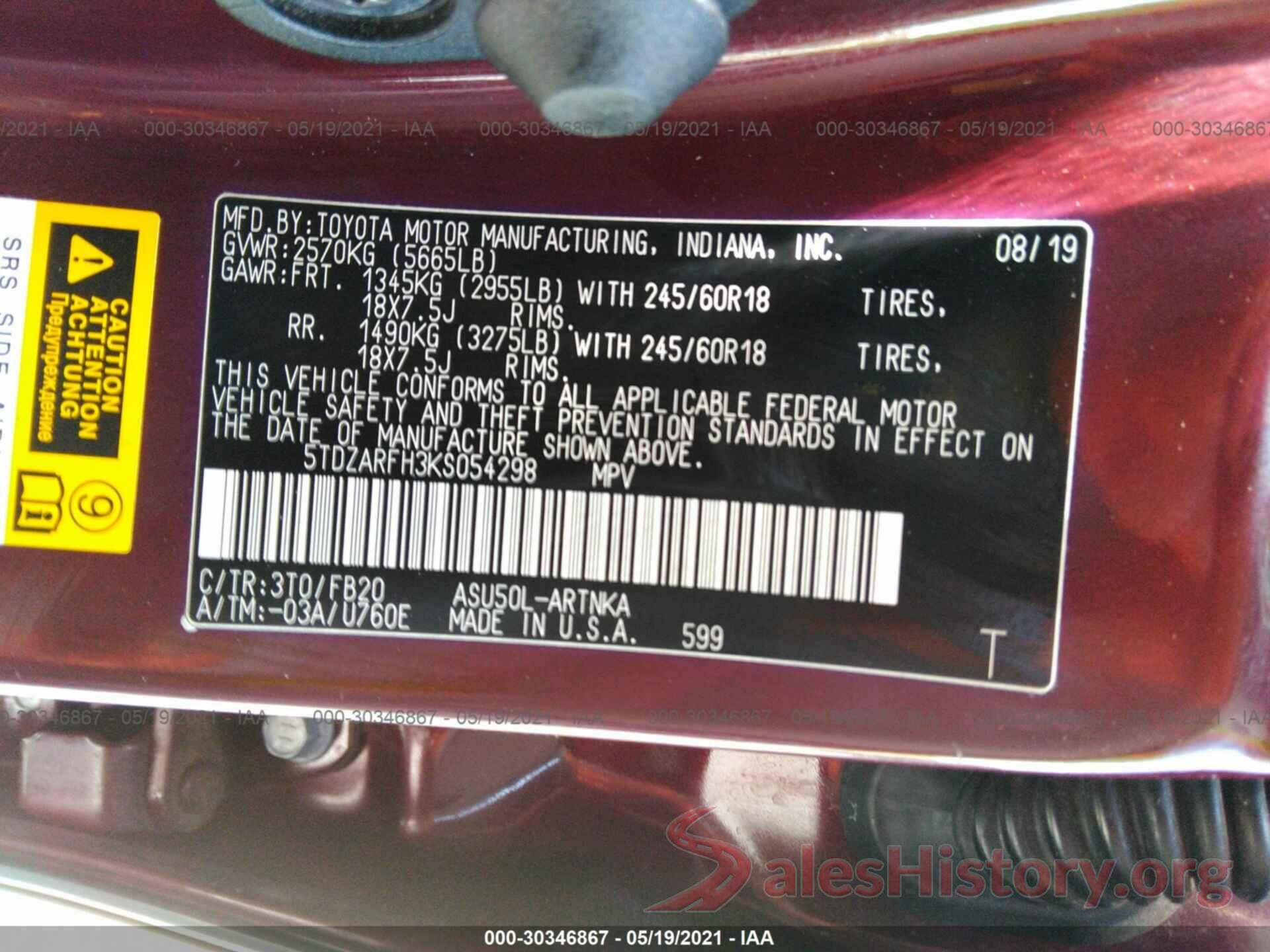 5TDZARFH3KS054298 2019 TOYOTA HIGHLANDER