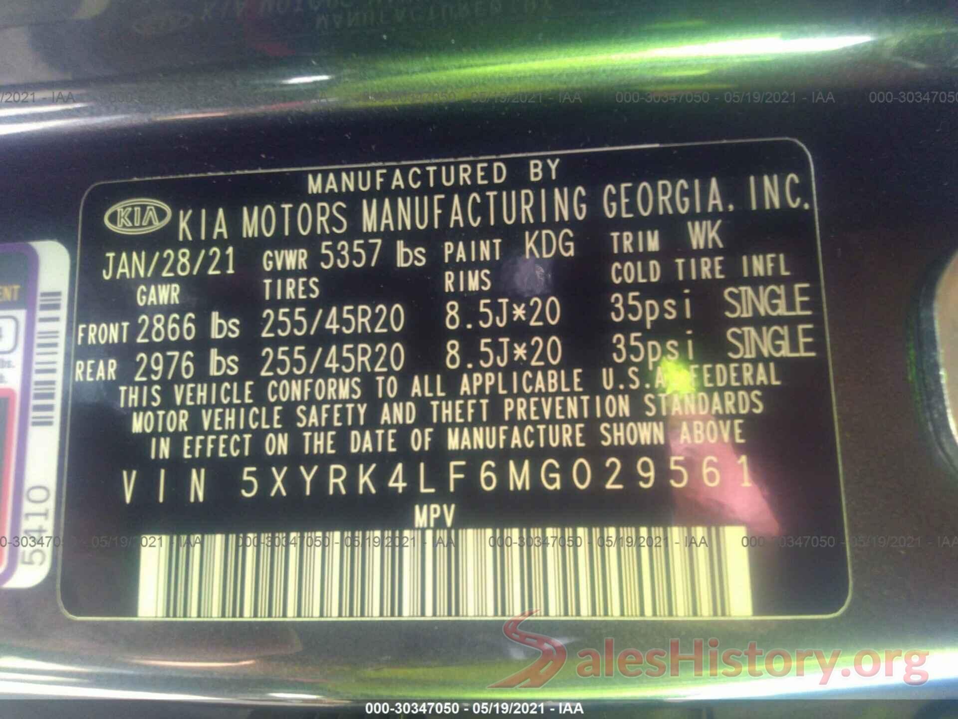 5XYRK4LF6MG029561 2021 KIA SORENTO