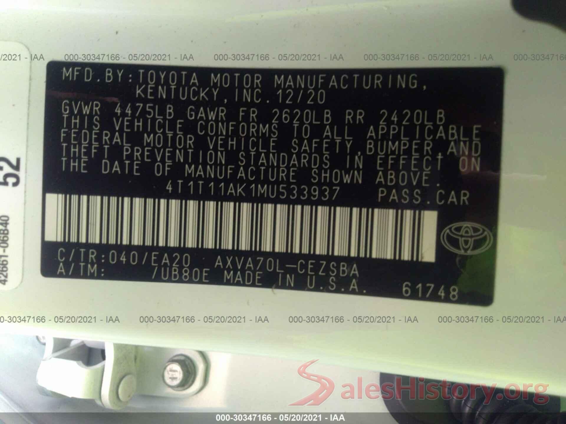 4T1T11AK1MU533937 2021 TOYOTA CAMRY