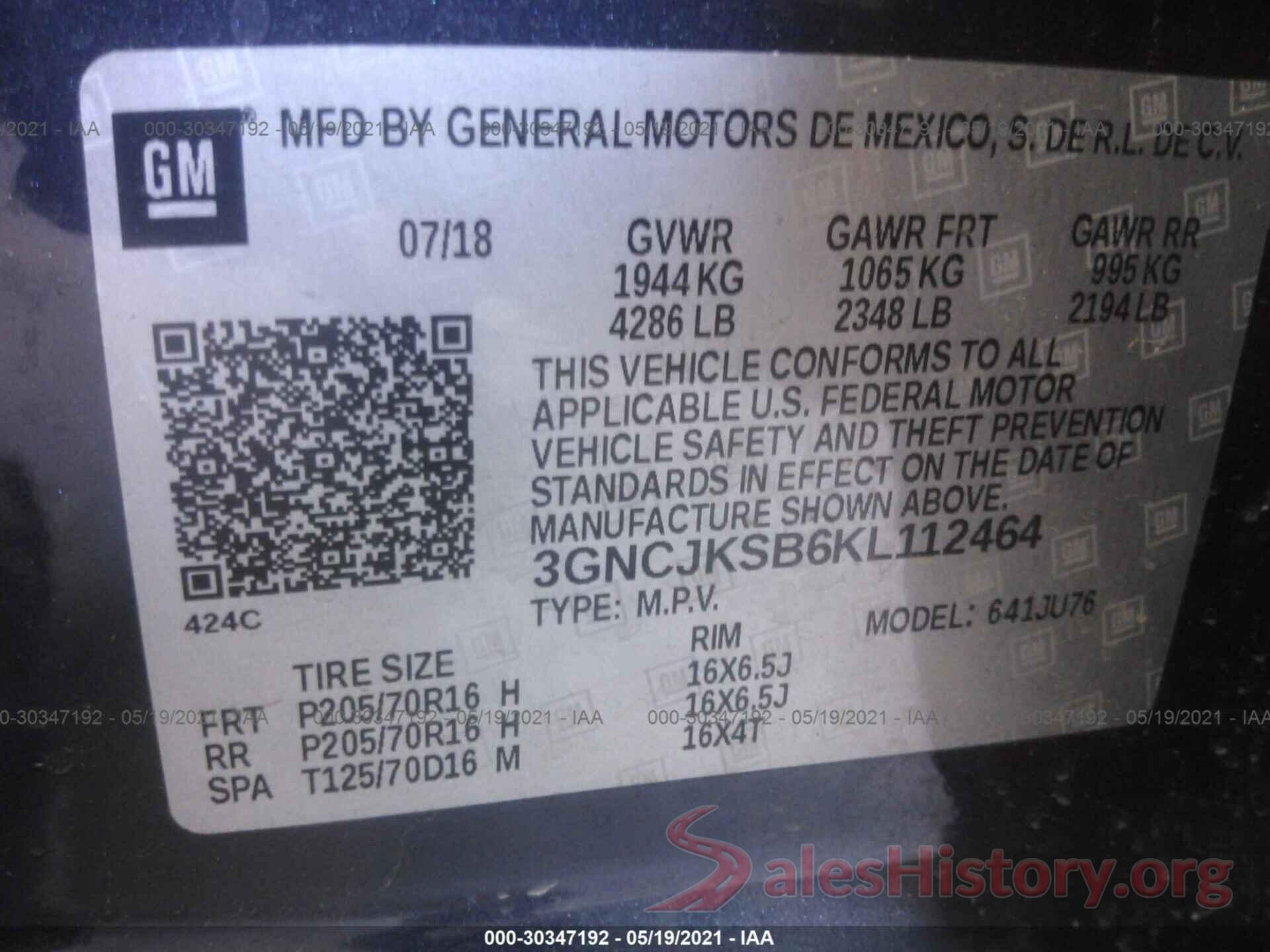 3GNCJKSB6KL112464 2019 CHEVROLET TRAX