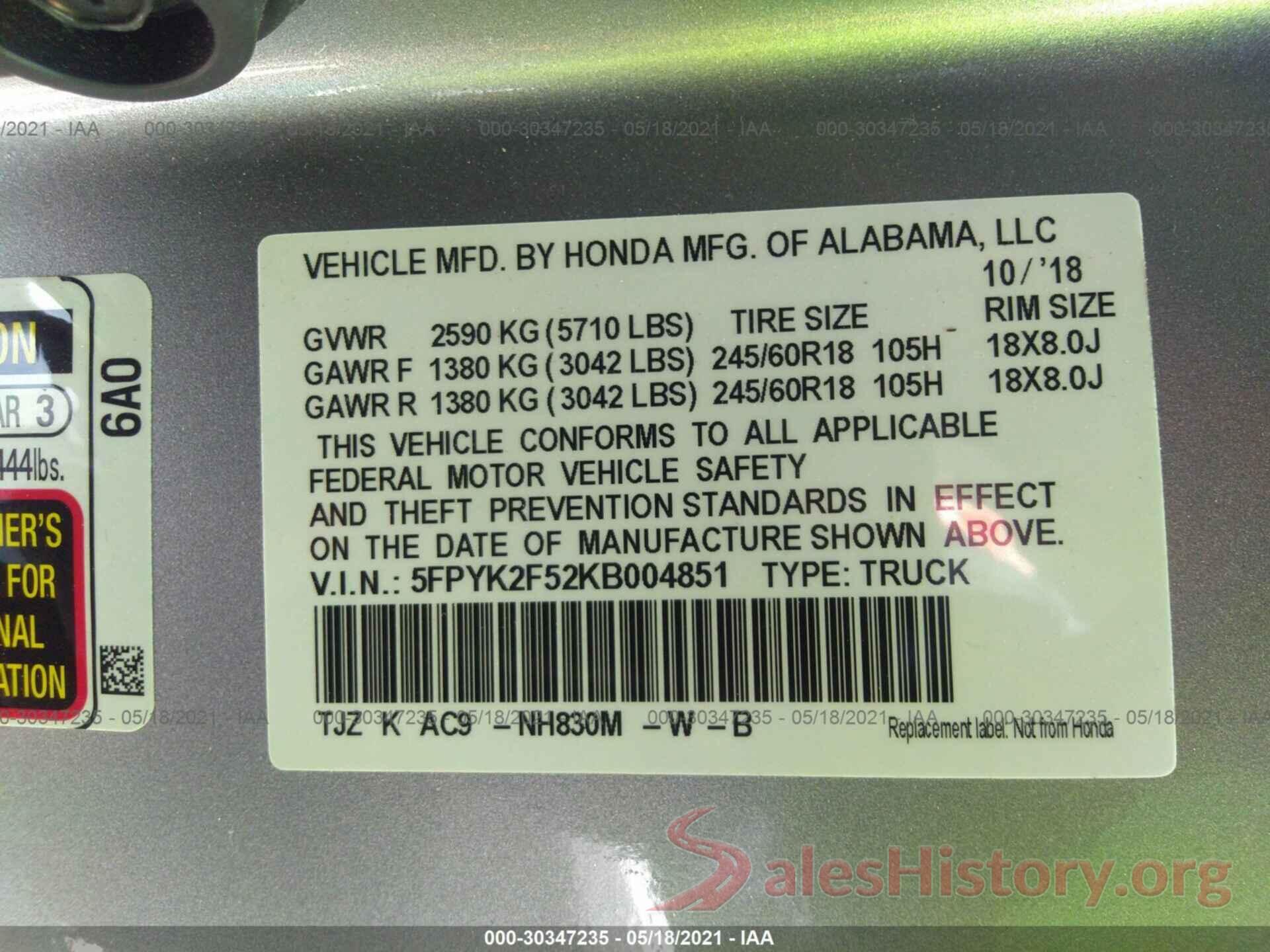 5FPYK2F52KB004851 2019 HONDA RIDGELINE