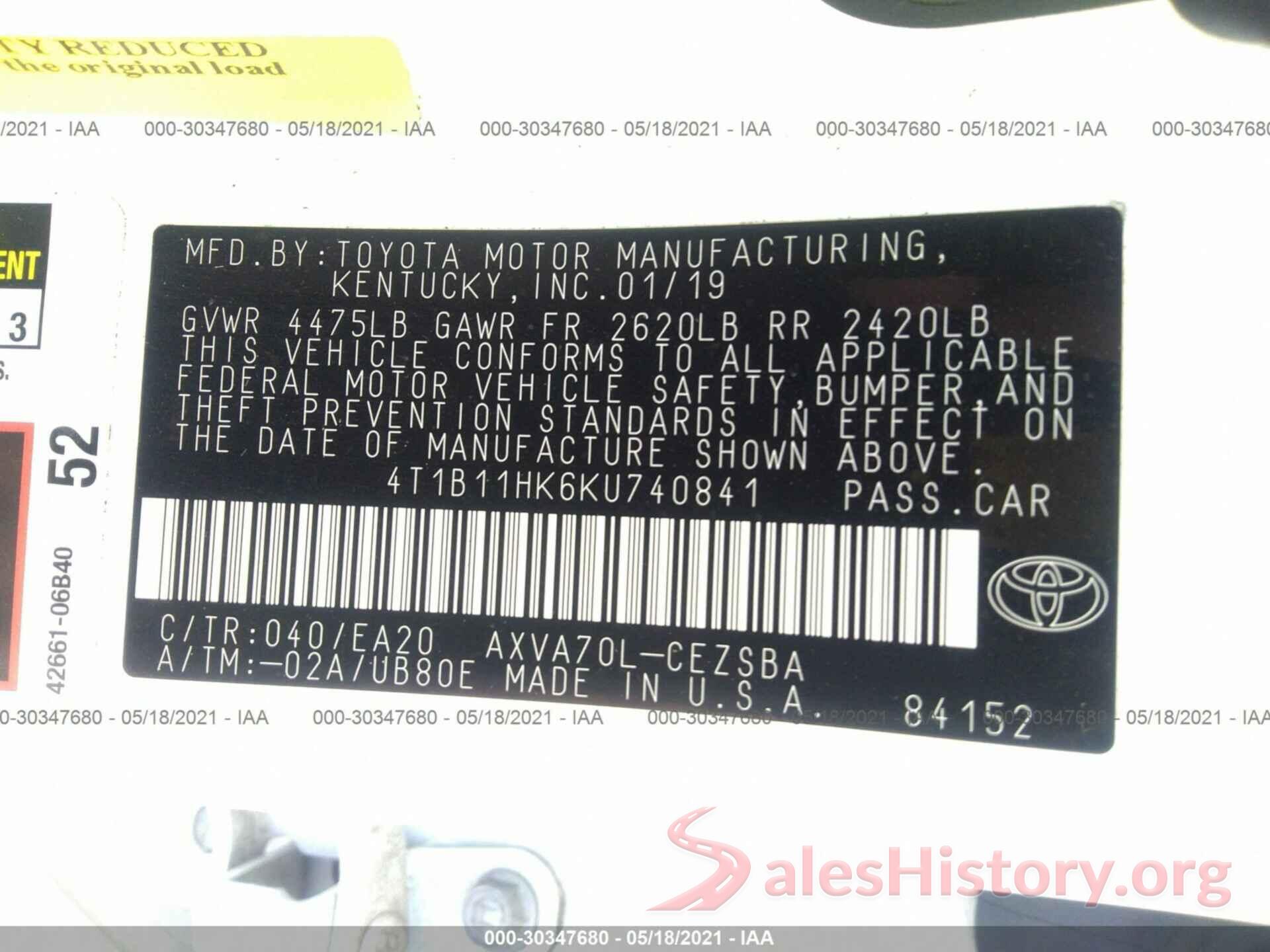 4T1B11HK6KU740841 2019 TOYOTA CAMRY