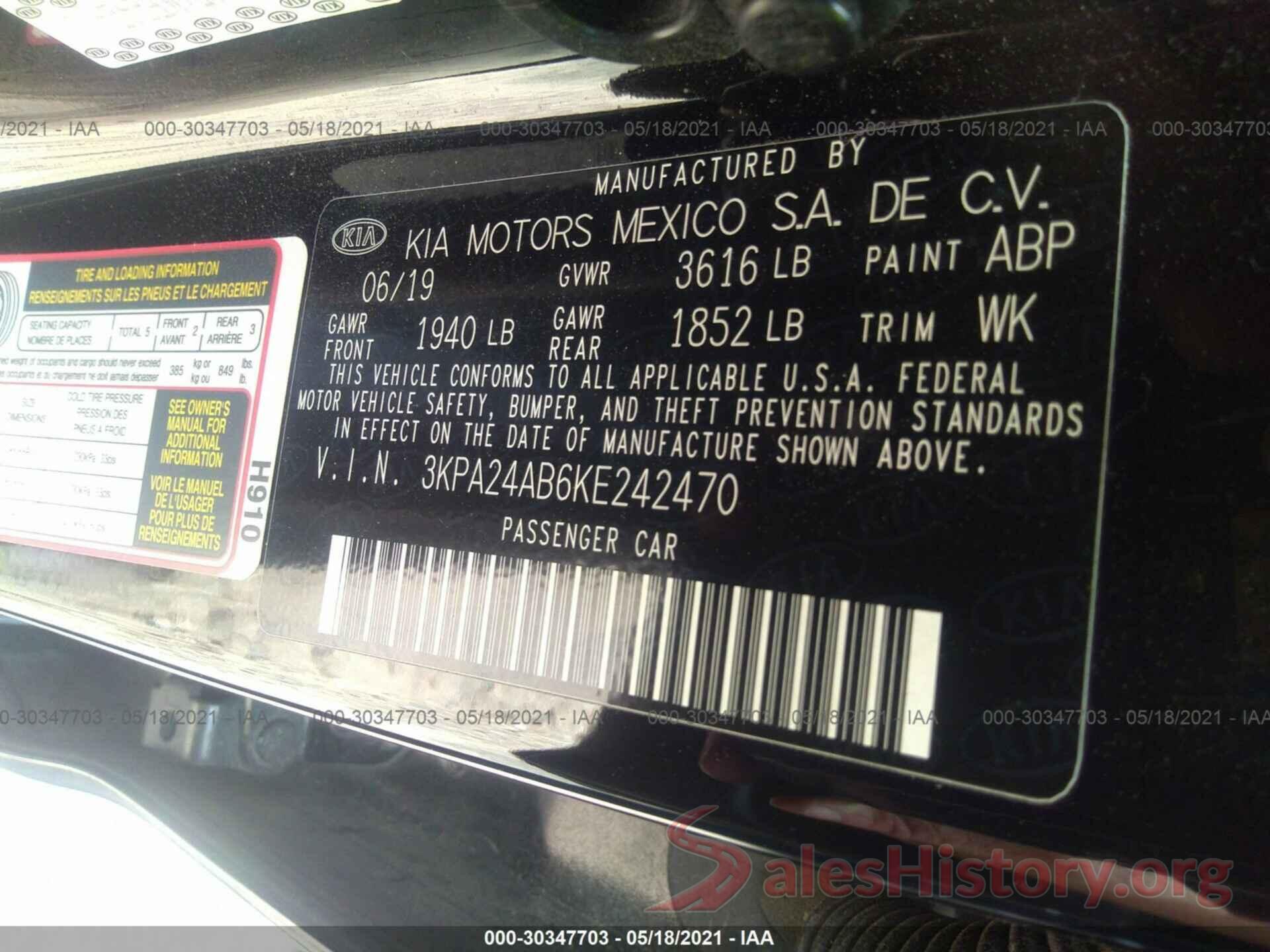 3KPA24AB6KE242470 2019 KIA RIO