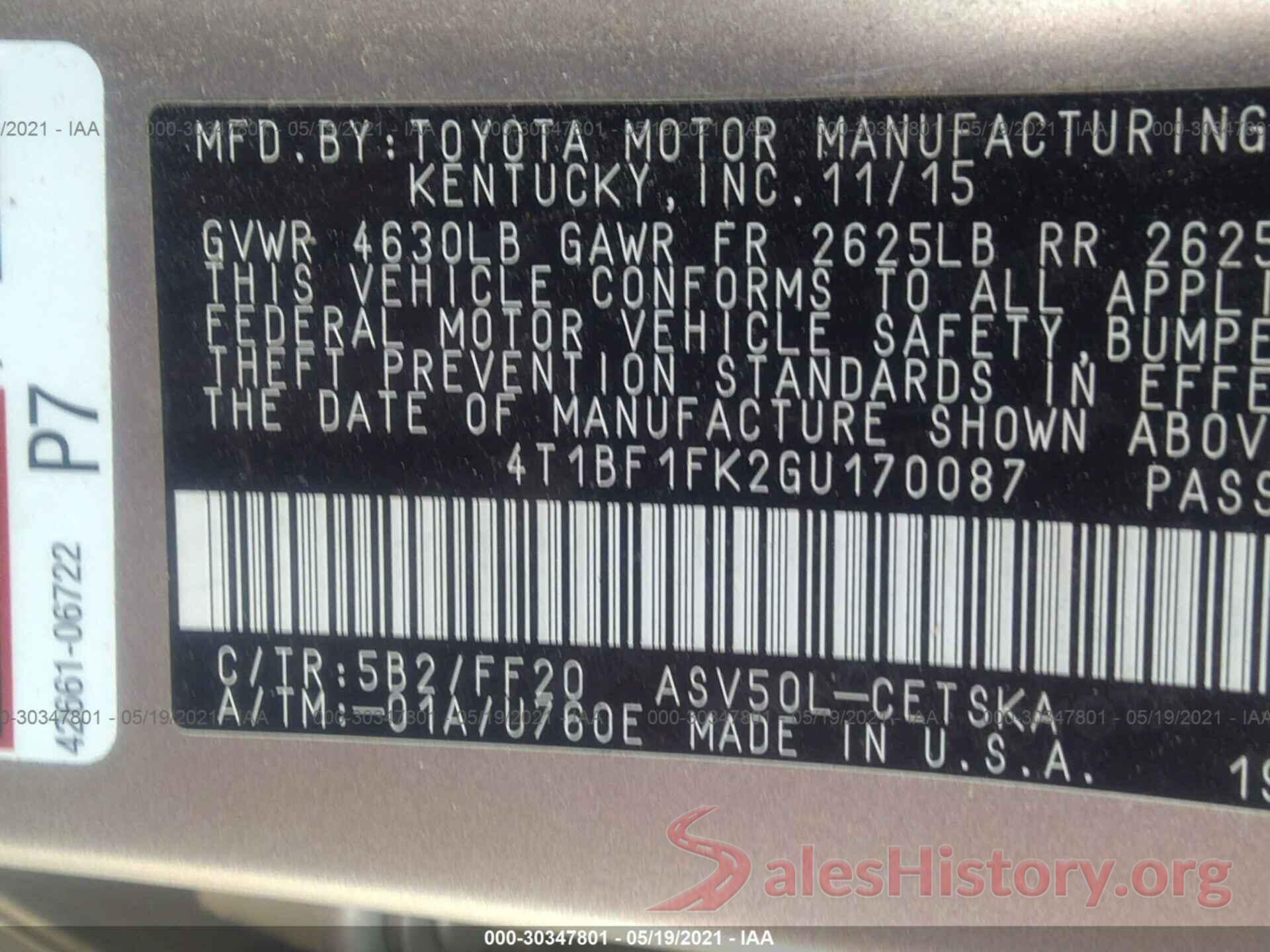 4T1BF1FK2GU170087 2016 TOYOTA CAMRY