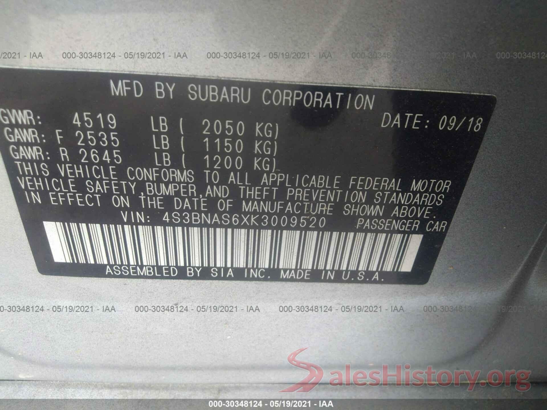 4S3BNAS6XK3009520 2019 SUBARU LEGACY