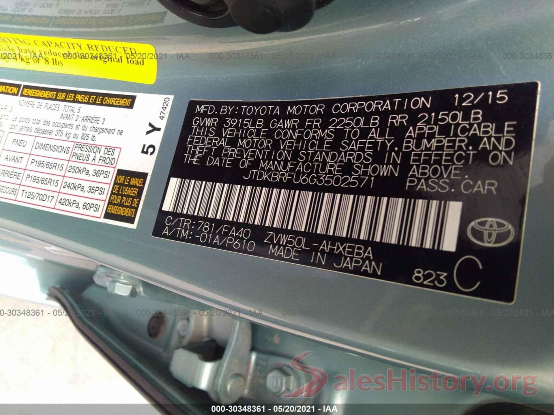 JTDKBRFU6G3502571 2016 TOYOTA PRIUS