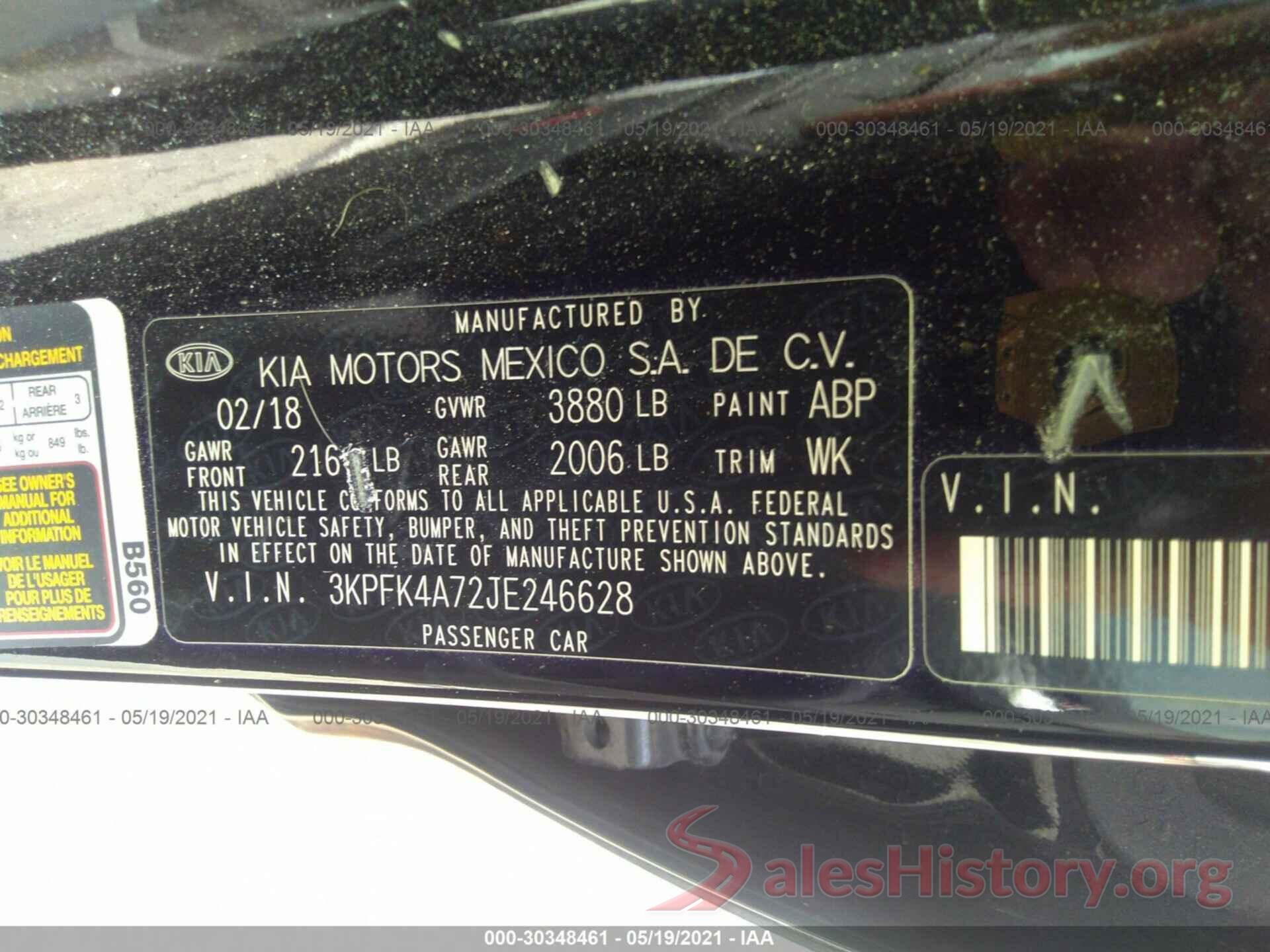 3KPFK4A72JE246628 2018 KIA FORTE