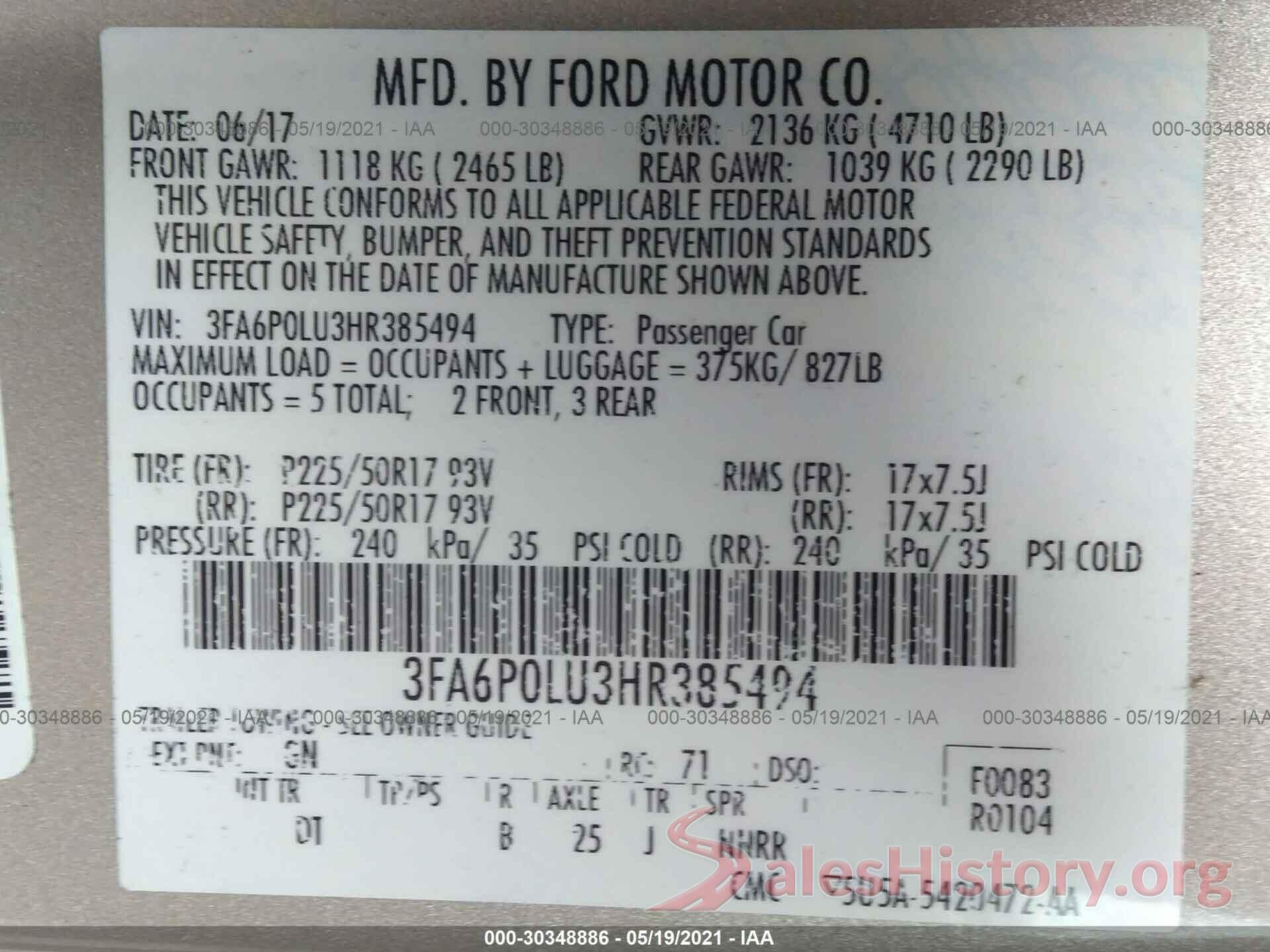 3FA6P0LU3HR385494 2017 FORD FUSION