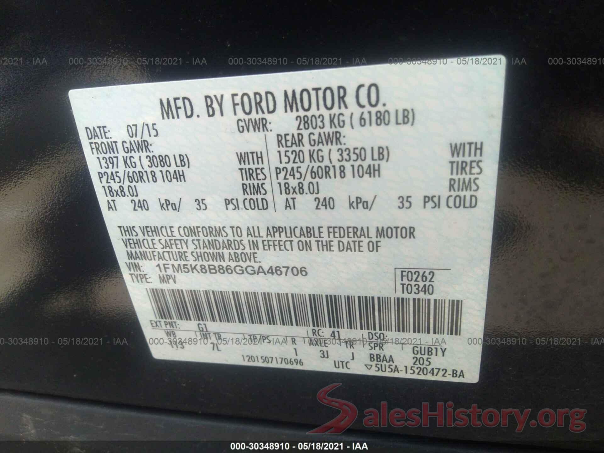 1FM5K8B86GGA46706 2016 FORD EXPLORER