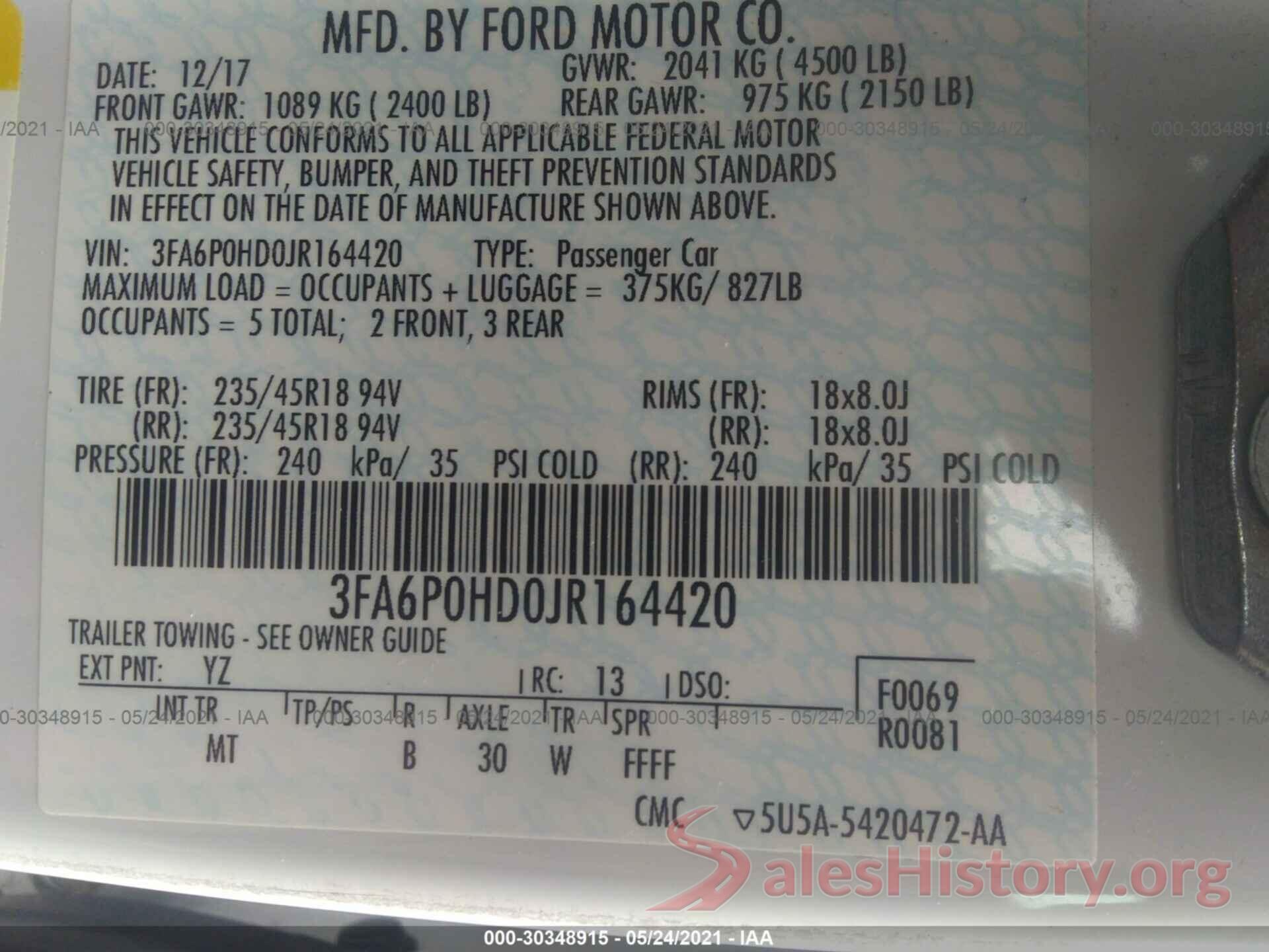 3FA6P0HD0JR164420 2018 FORD FUSION