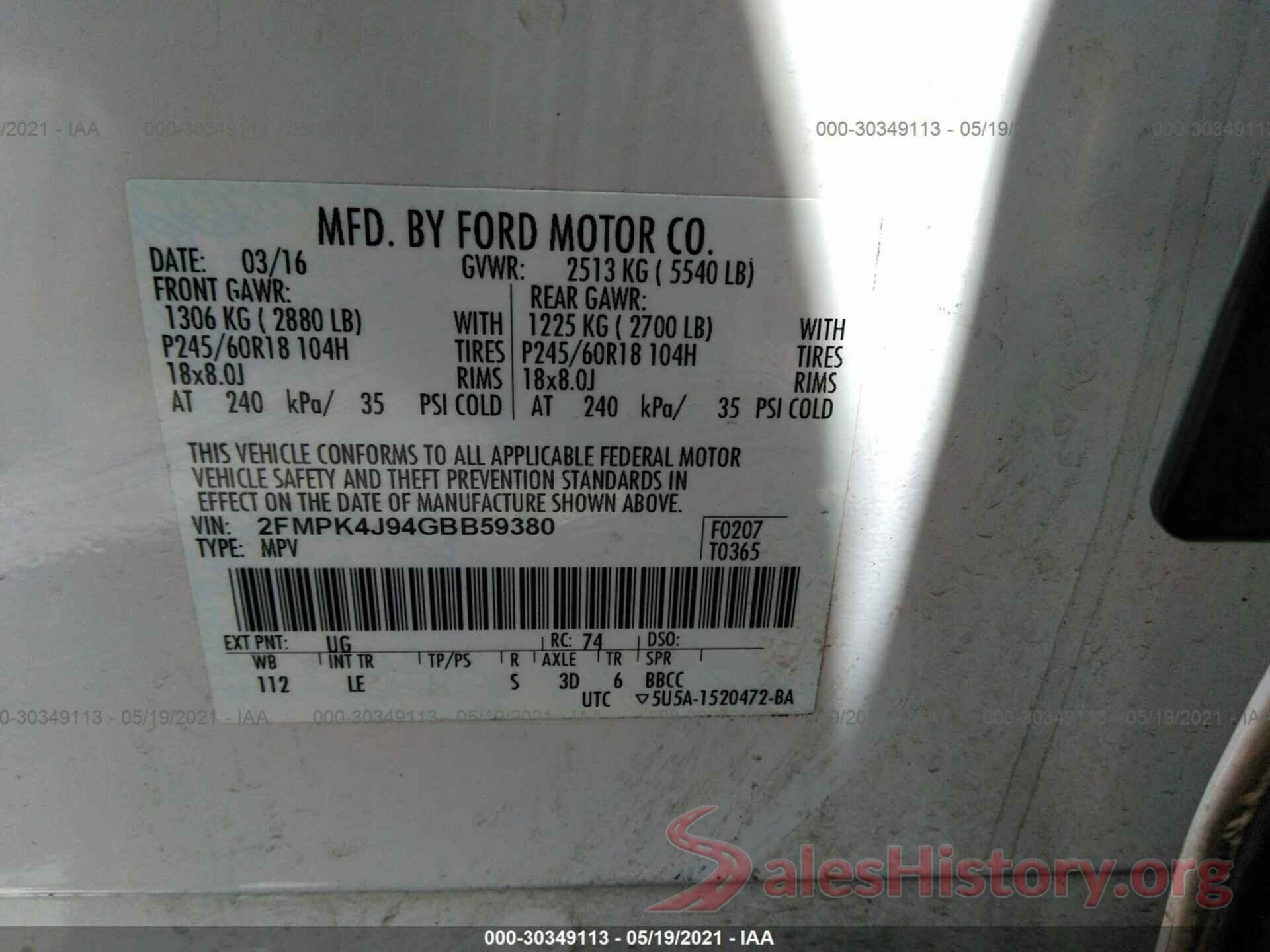 2FMPK4J94GBB59380 2016 FORD EDGE