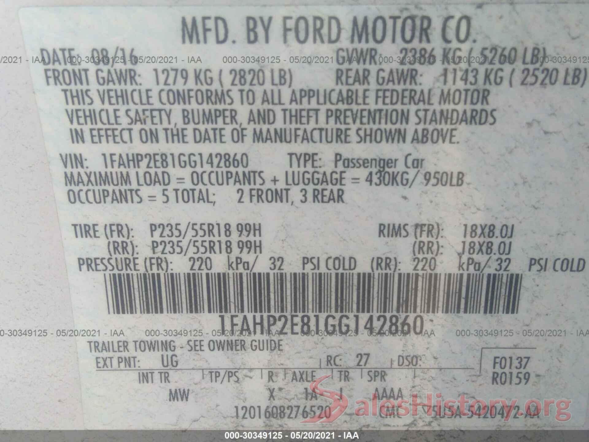 1FAHP2E81GG142860 2016 FORD TAURUS