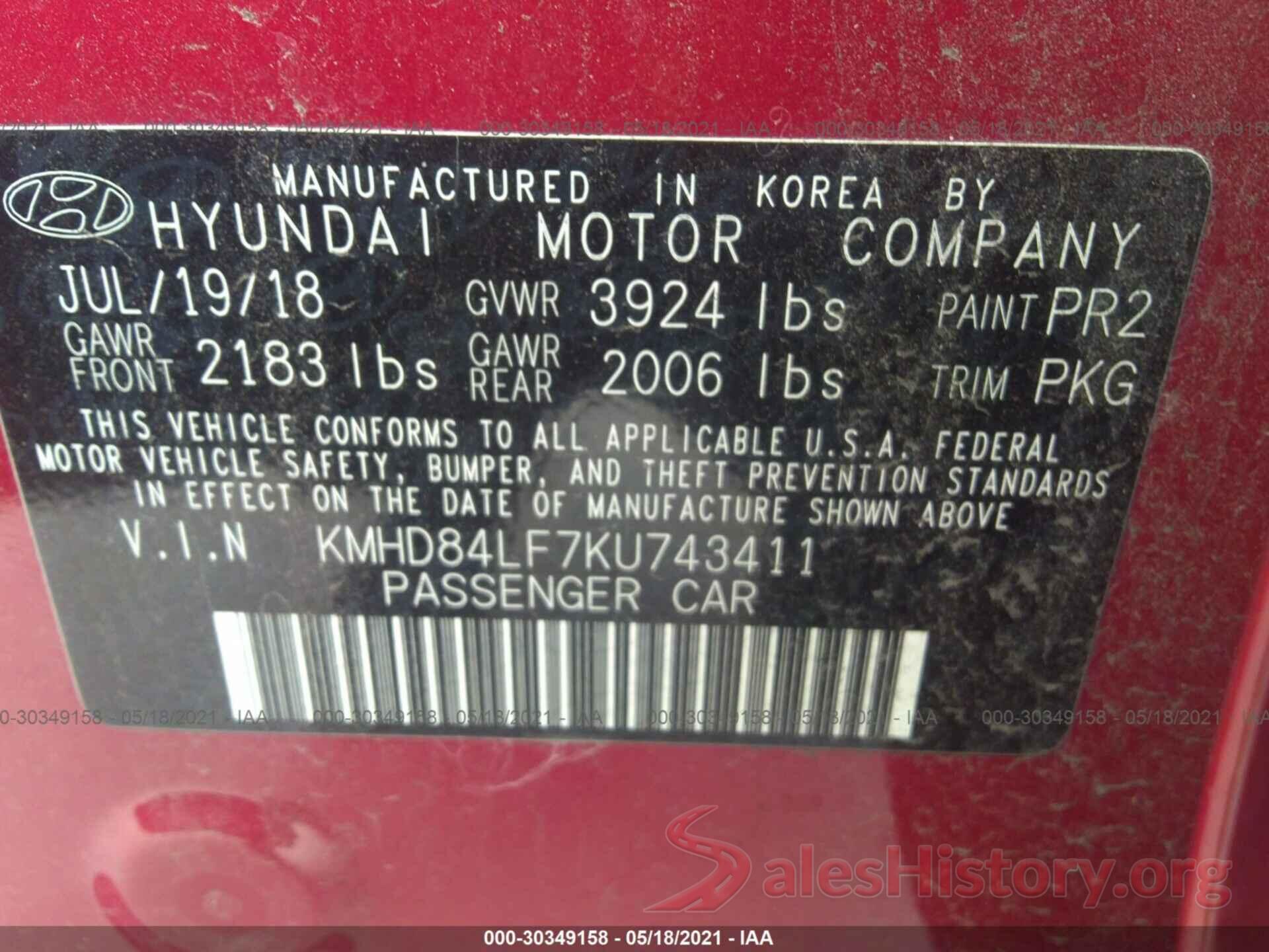 KMHD84LF7KU743411 2019 HYUNDAI ELANTRA