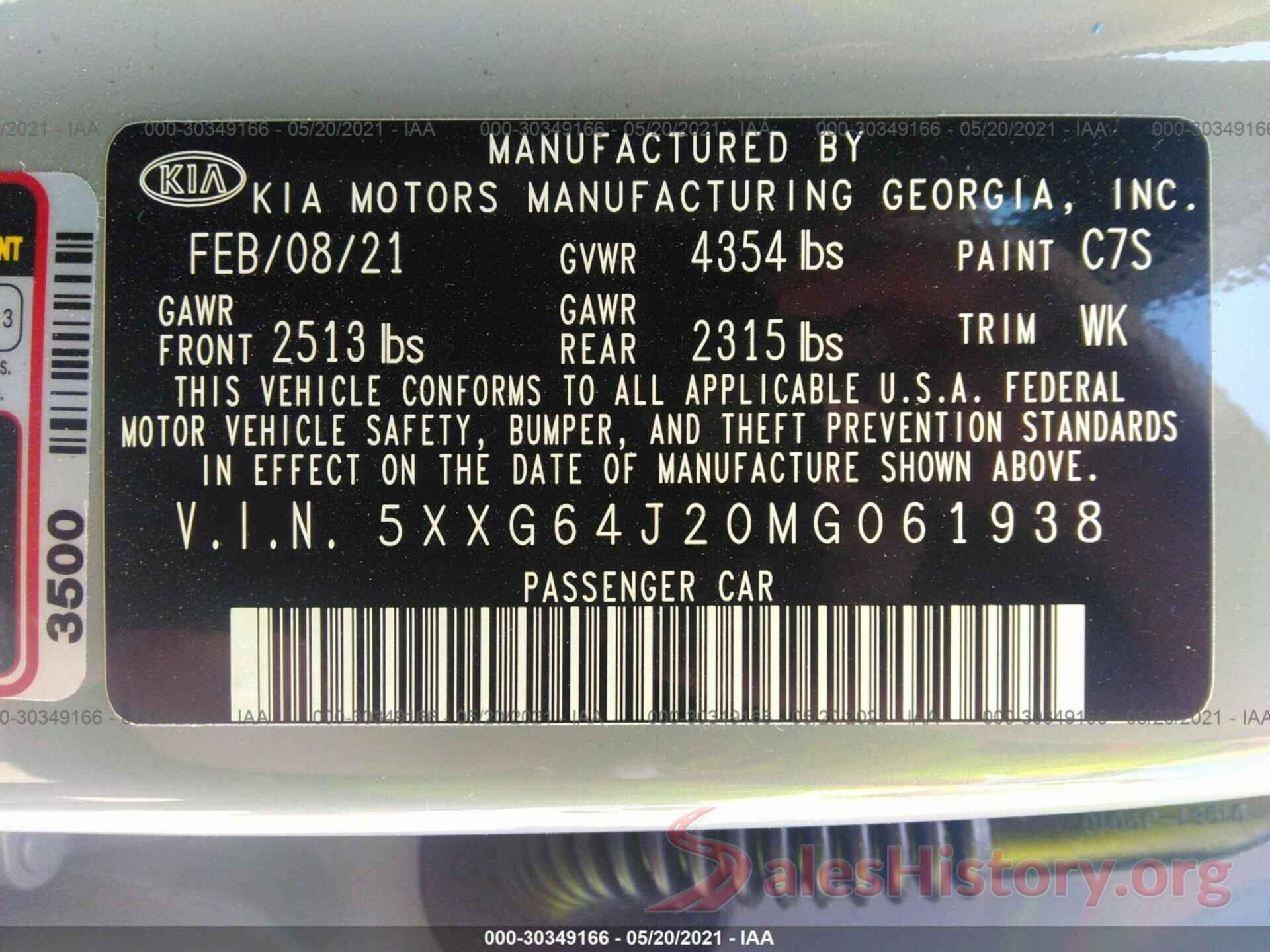 5XXG64J20MG061938 2021 KIA K5