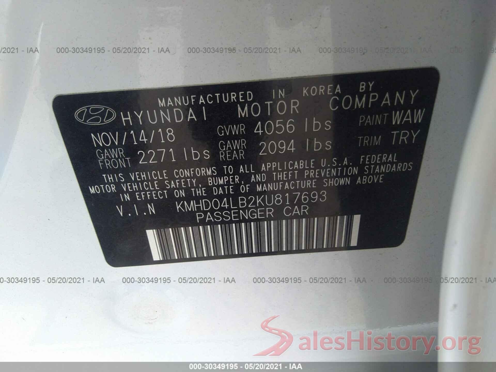 KMHD04LB2KU817693 2019 HYUNDAI ELANTRA