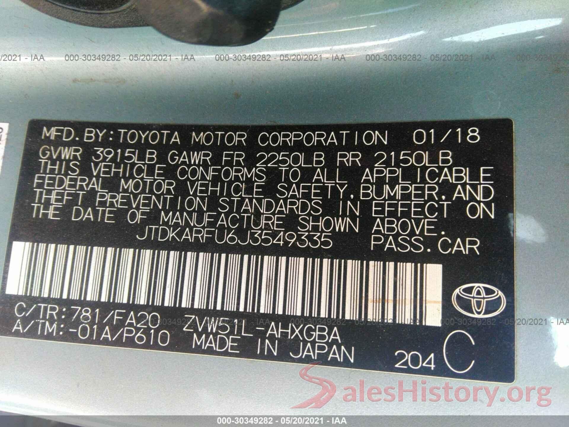 JTDKARFU6J3549335 2018 TOYOTA PRIUS