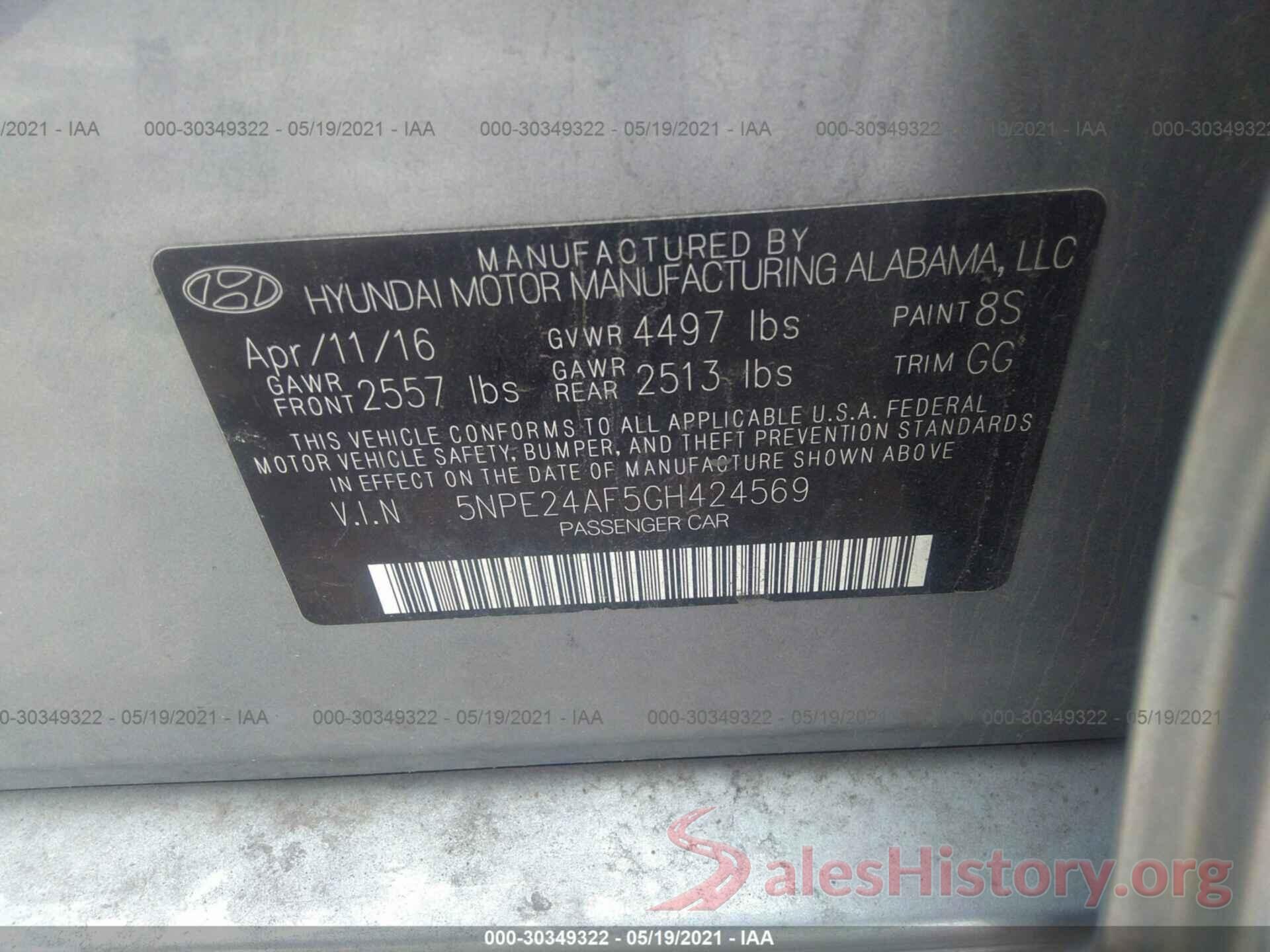 5NPE24AF5GH424569 2016 HYUNDAI SONATA