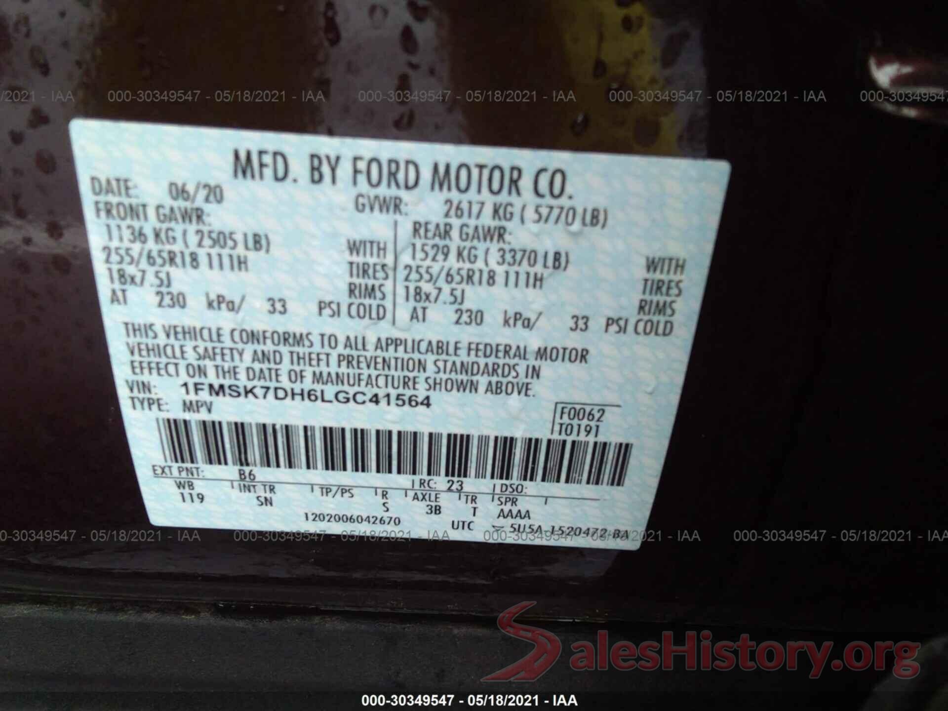 1FMSK7DH6LGC41564 2020 FORD EXPLORER