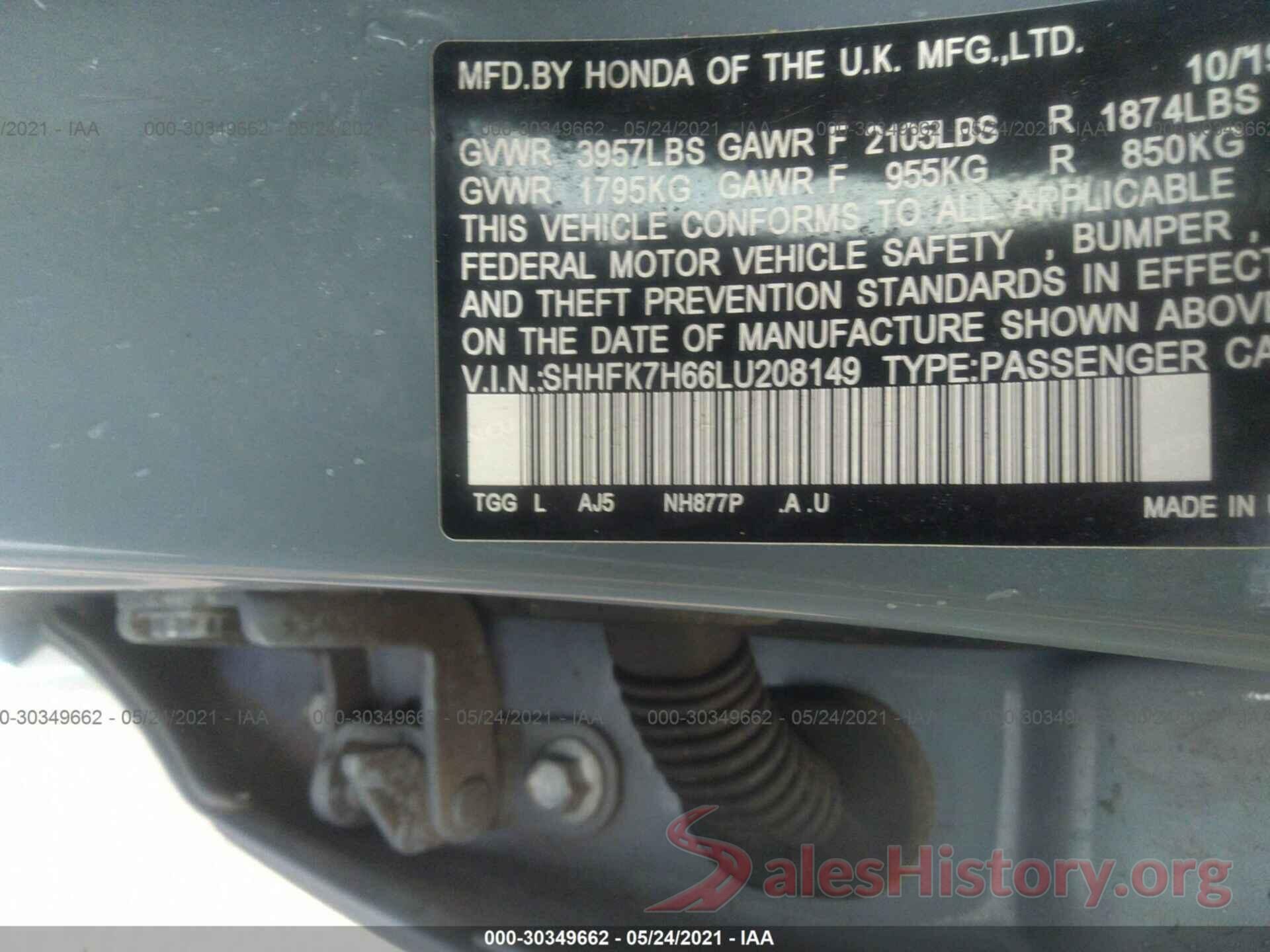 SHHFK7H66LU208149 2020 HONDA CIVIC HATCHBACK