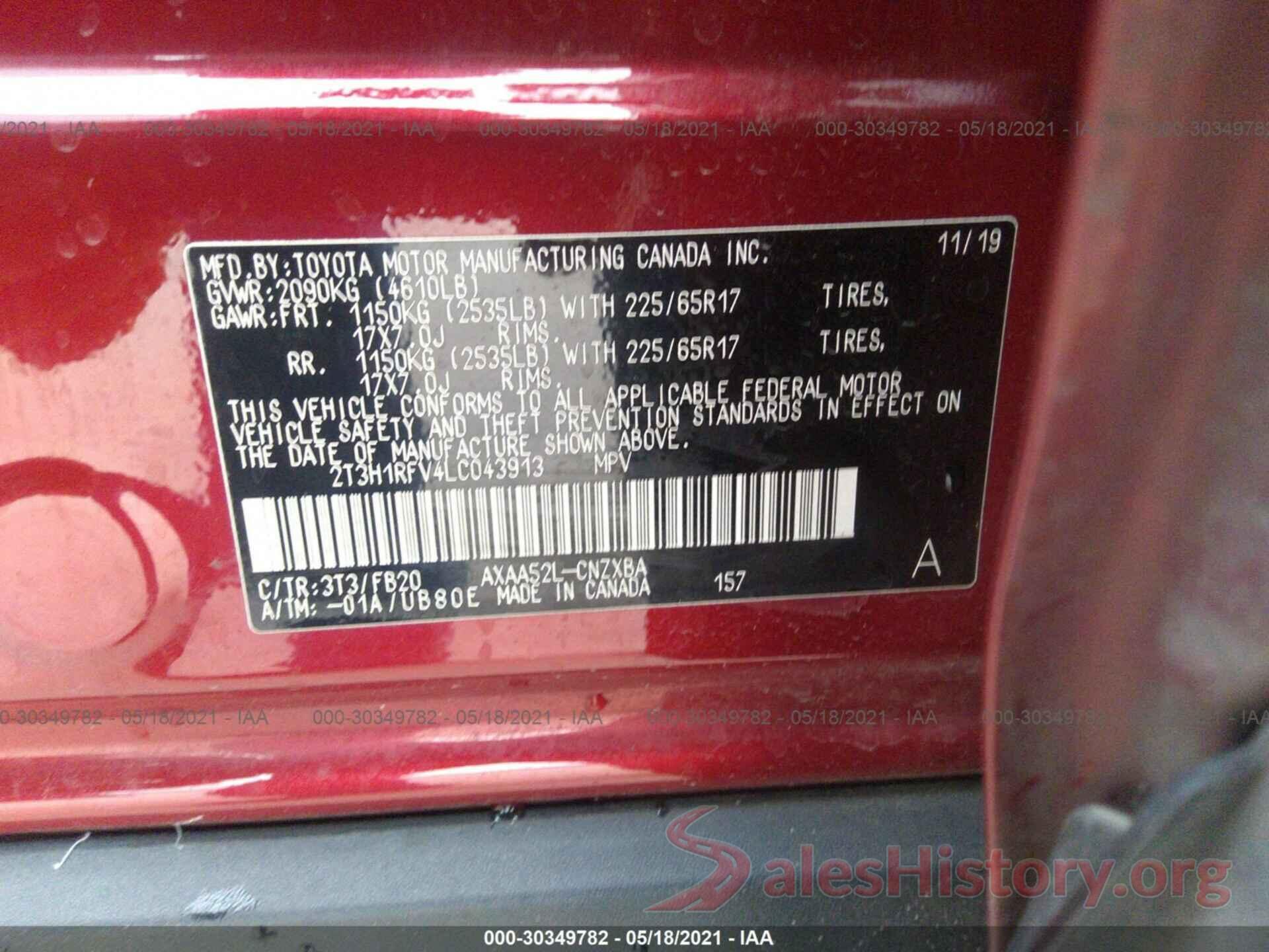 2T3H1RFV4LC043913 2020 TOYOTA RAV4