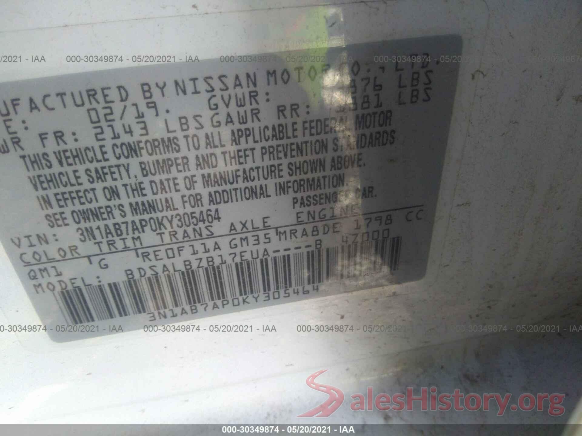 3N1AB7AP0KY305464 2019 NISSAN SENTRA