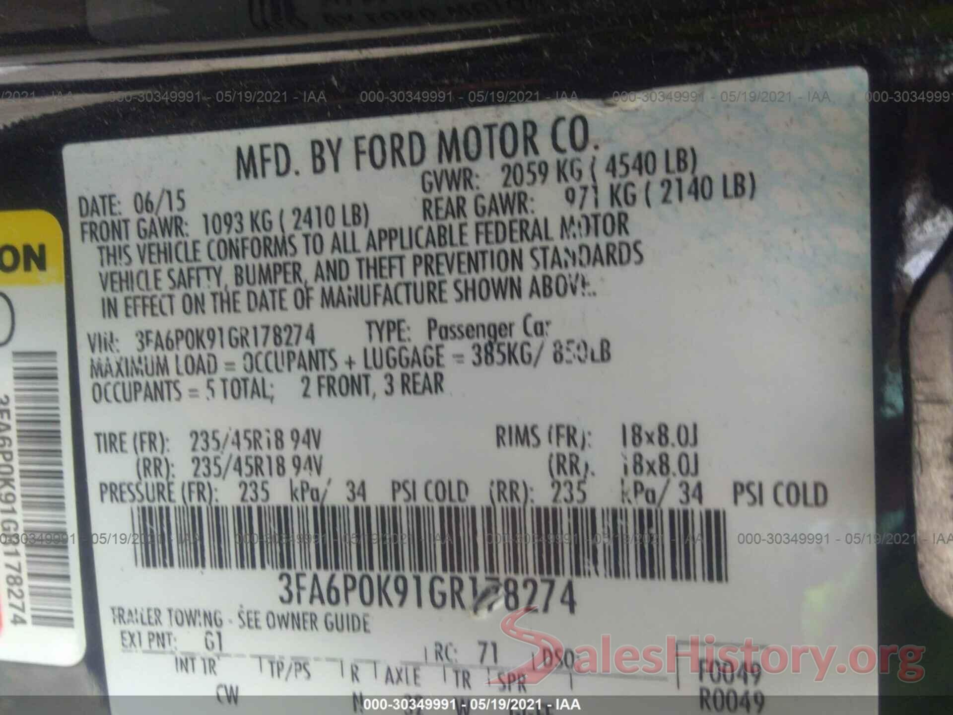 3FA6P0K91GR178274 2016 FORD FUSION