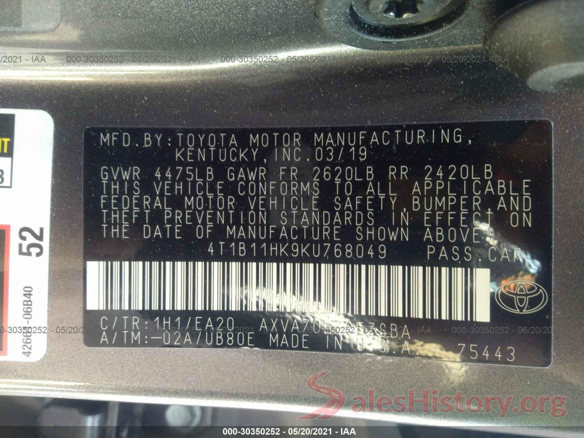 4T1B11HK9KU768049 2019 TOYOTA CAMRY