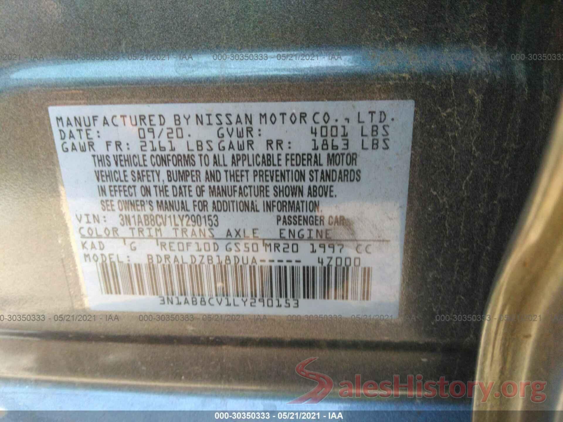 3N1AB8CV1LY290153 2020 NISSAN SENTRA