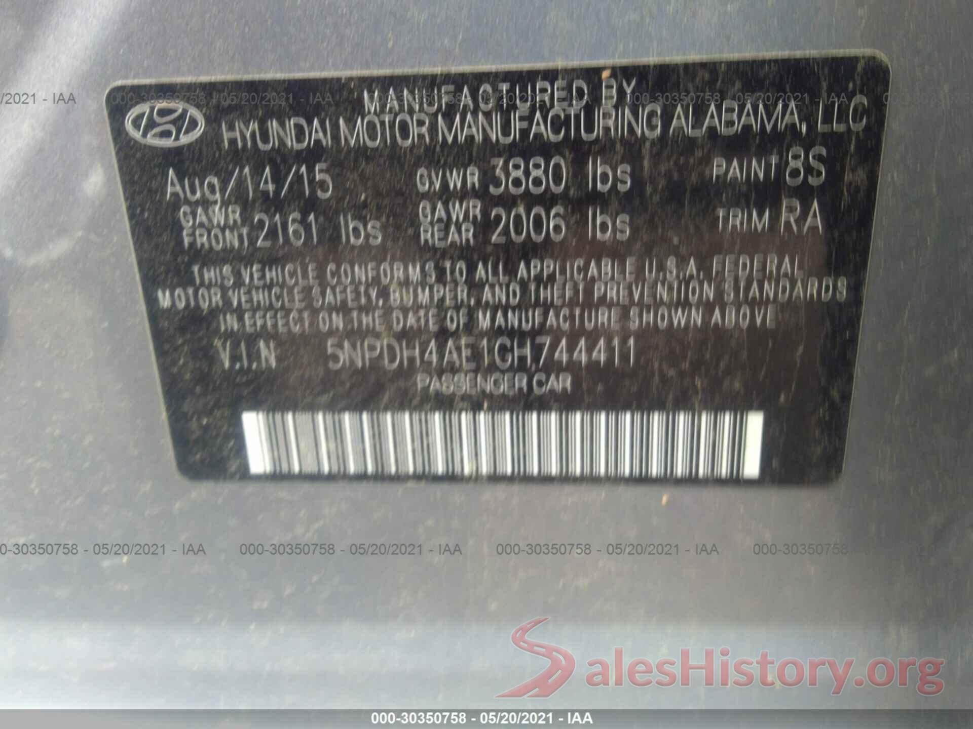 5NPDH4AE1GH744411 2016 HYUNDAI ELANTRA