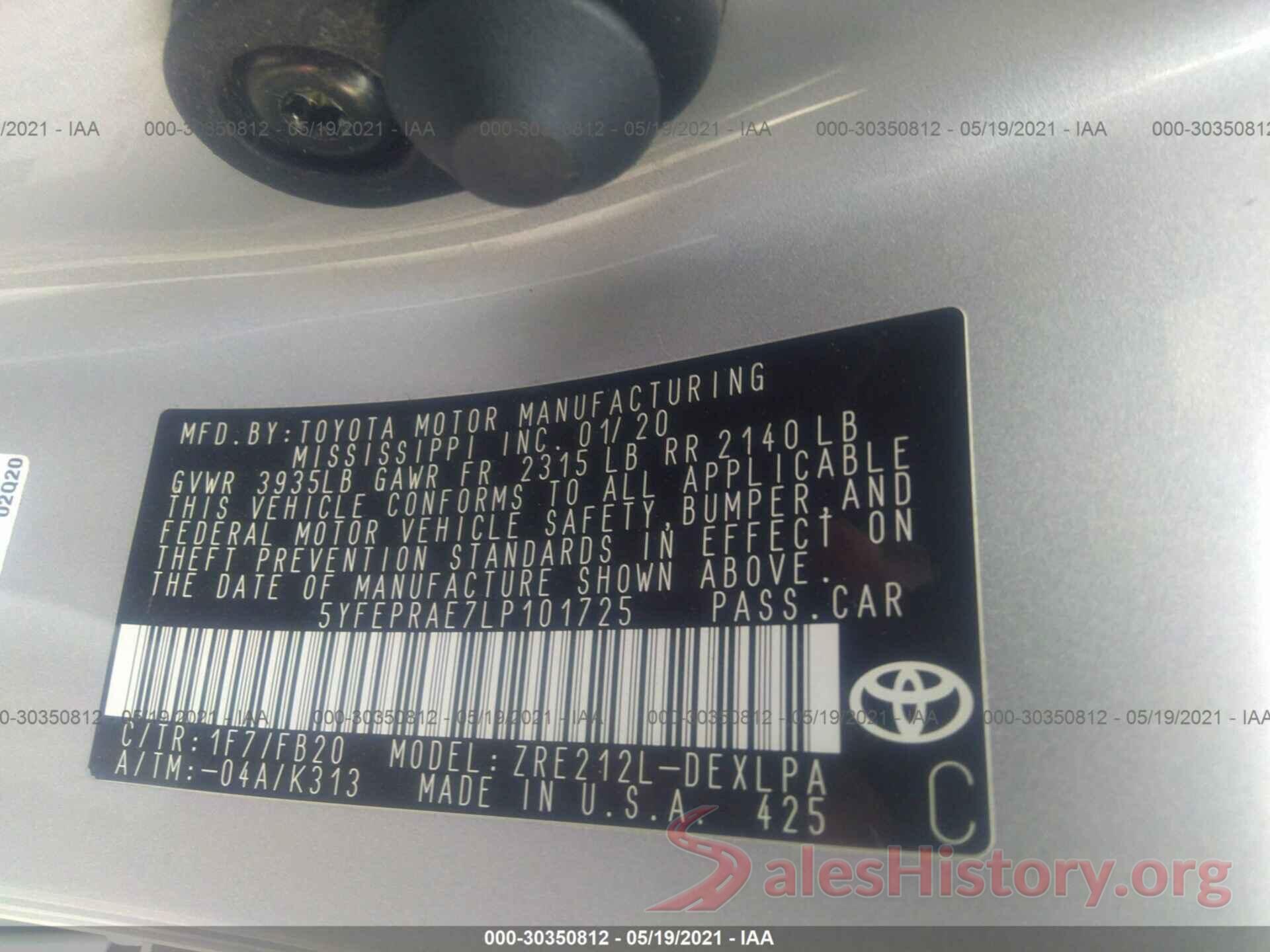 5YFEPRAE7LP101725 2020 TOYOTA COROLLA