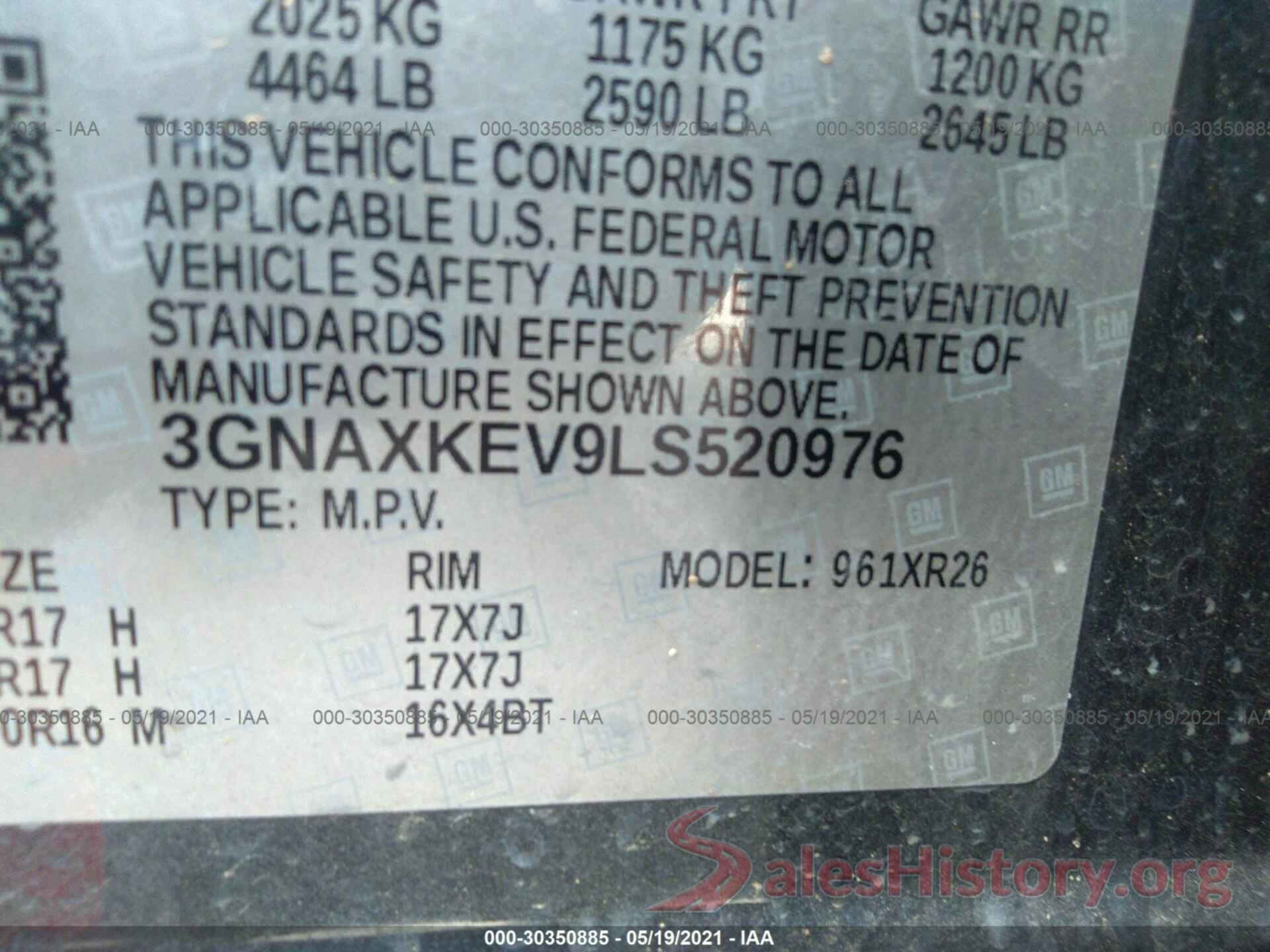 3GNAXKEV9LS520976 2020 CHEVROLET EQUINOX