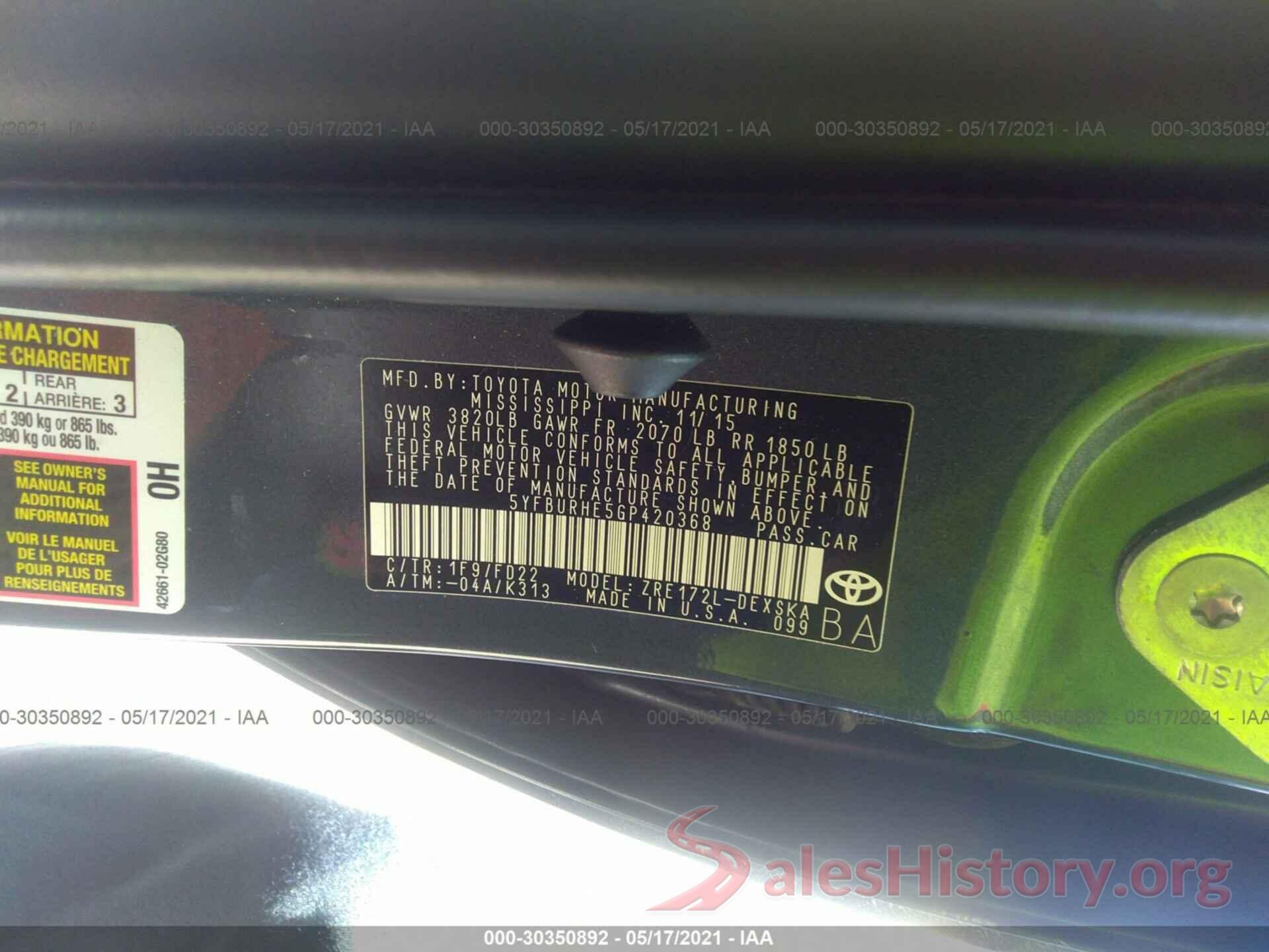 5YFBURHE5GP420368 2016 TOYOTA COROLLA