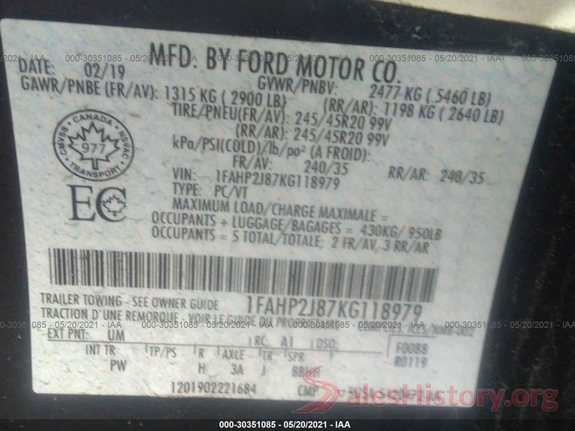 1FAHP2J87KG118979 2019 FORD TAURUS