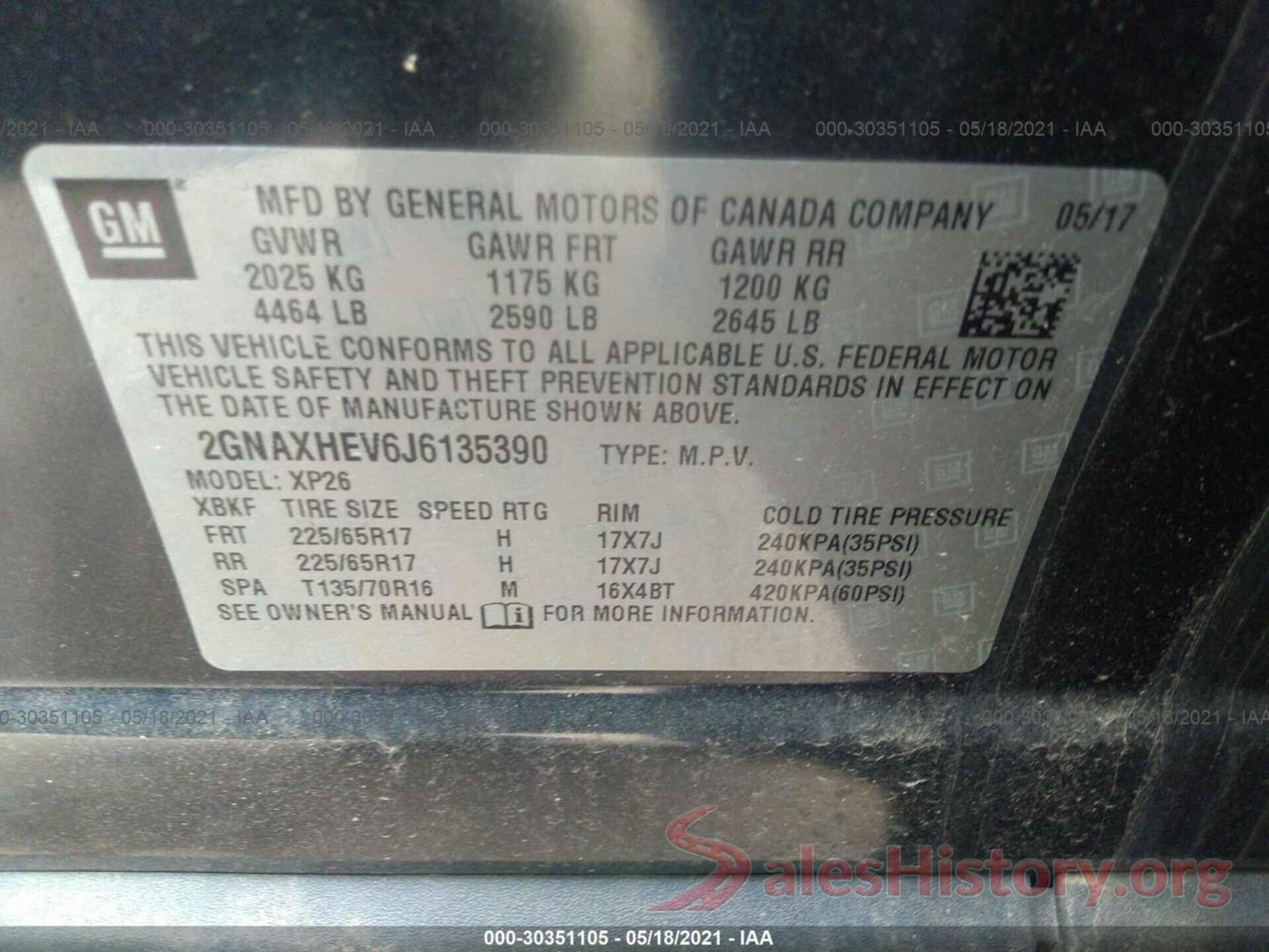 2GNAXHEV6J6135390 2018 CHEVROLET EQUINOX