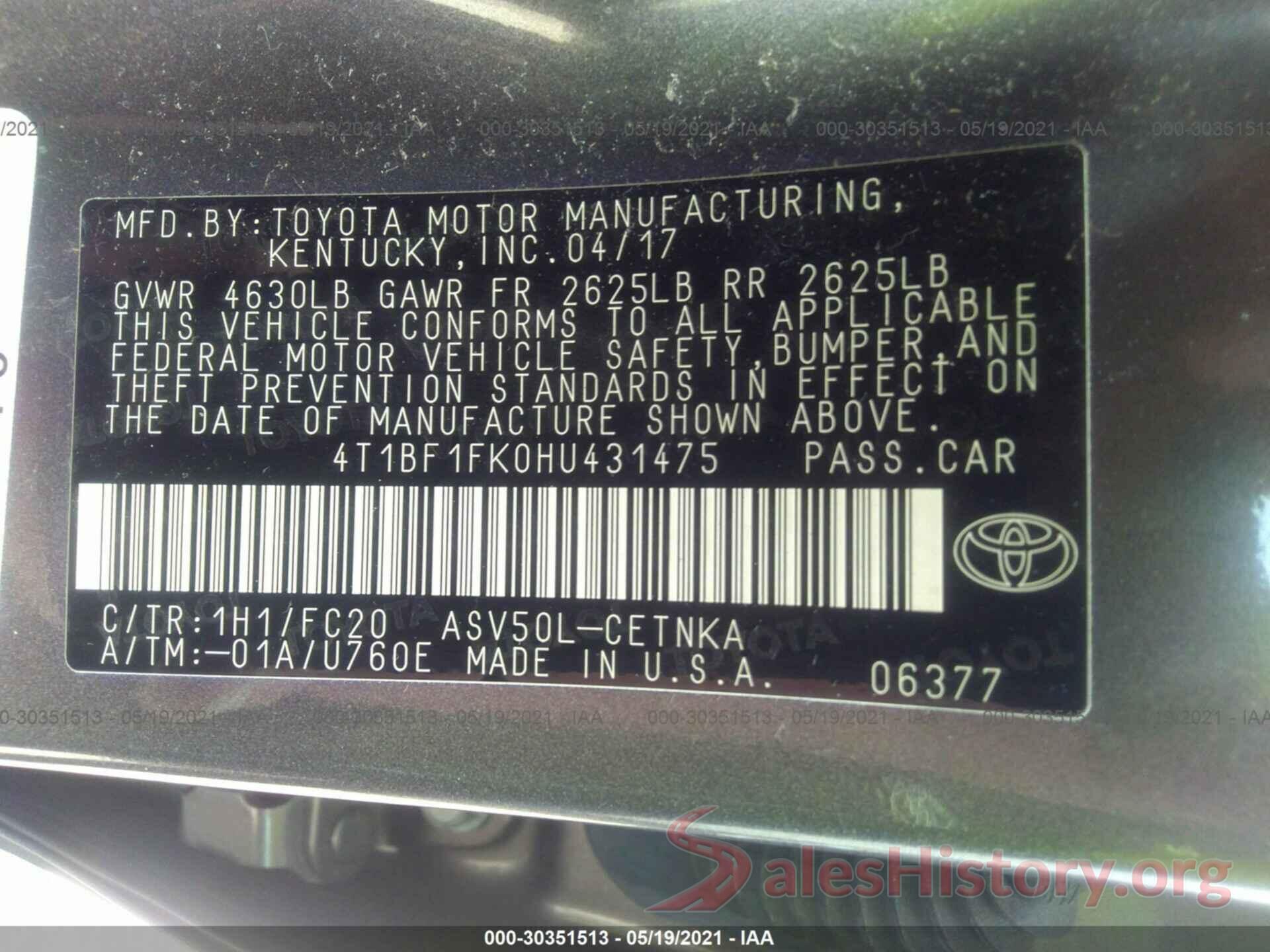 4T1BF1FK0HU431475 2017 TOYOTA CAMRY