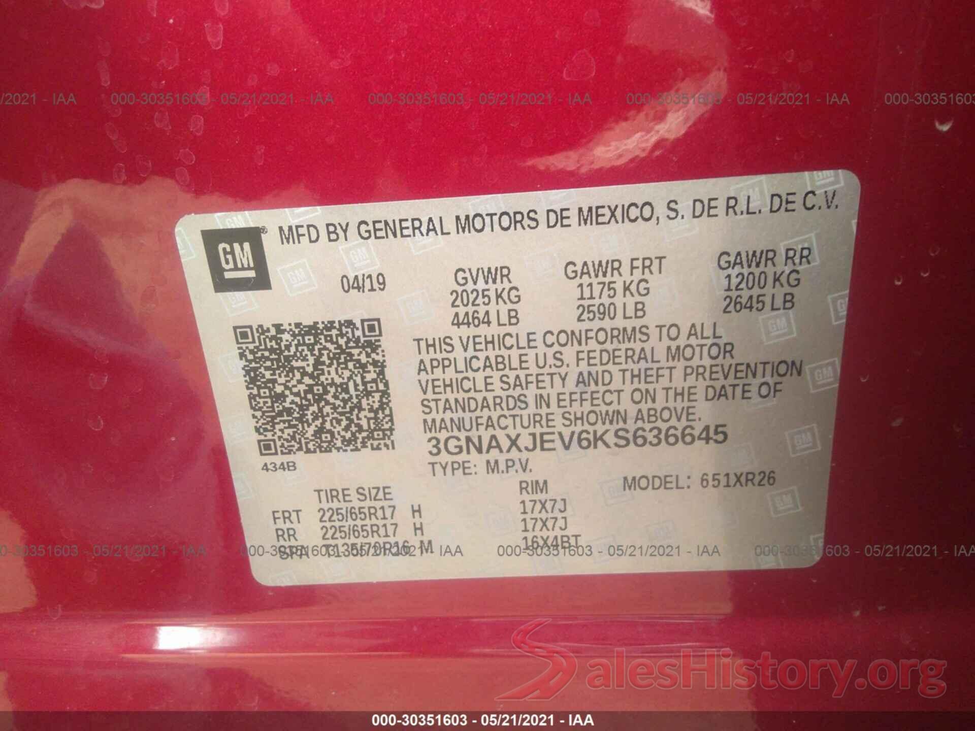 3GNAXJEV6KS636645 2019 CHEVROLET EQUINOX