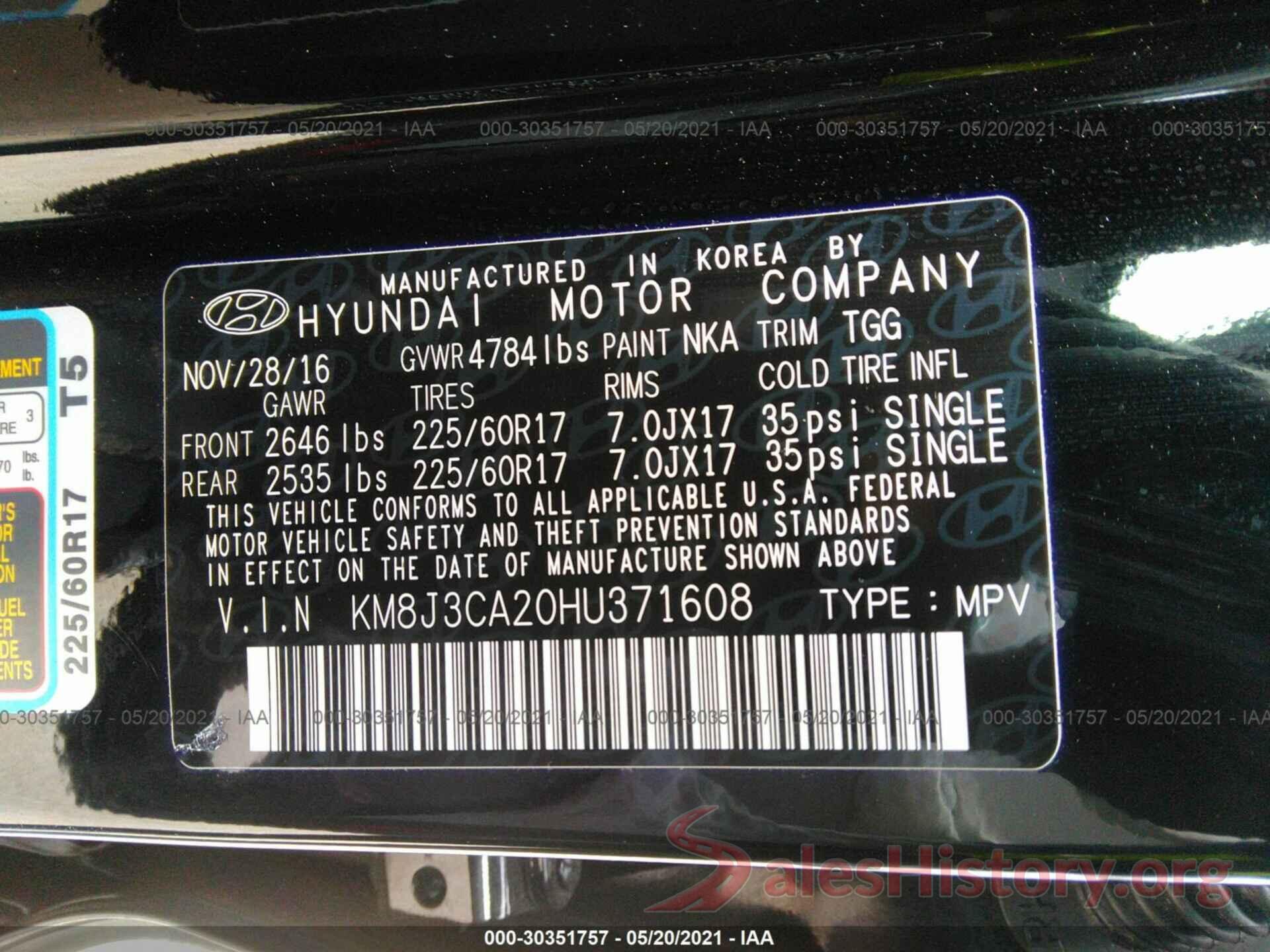 KM8J3CA20HU371608 2017 HYUNDAI TUCSON