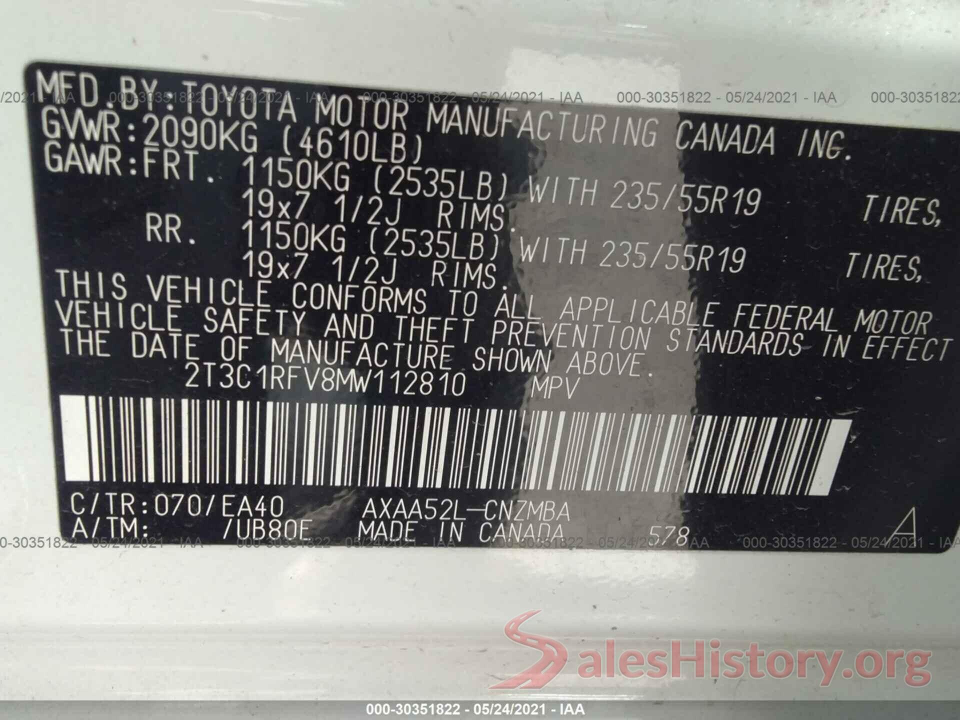 2T3C1RFV8MW112810 2021 TOYOTA RAV4