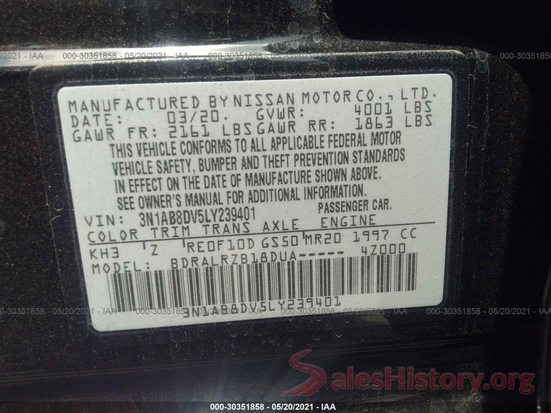 3N1AB8DV5LY239401 2020 NISSAN SENTRA