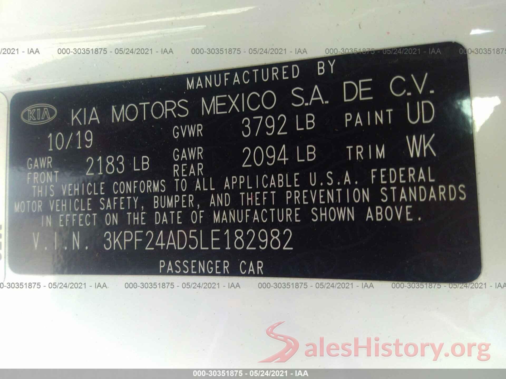 3KPF24AD5LE182982 2020 KIA FORTE