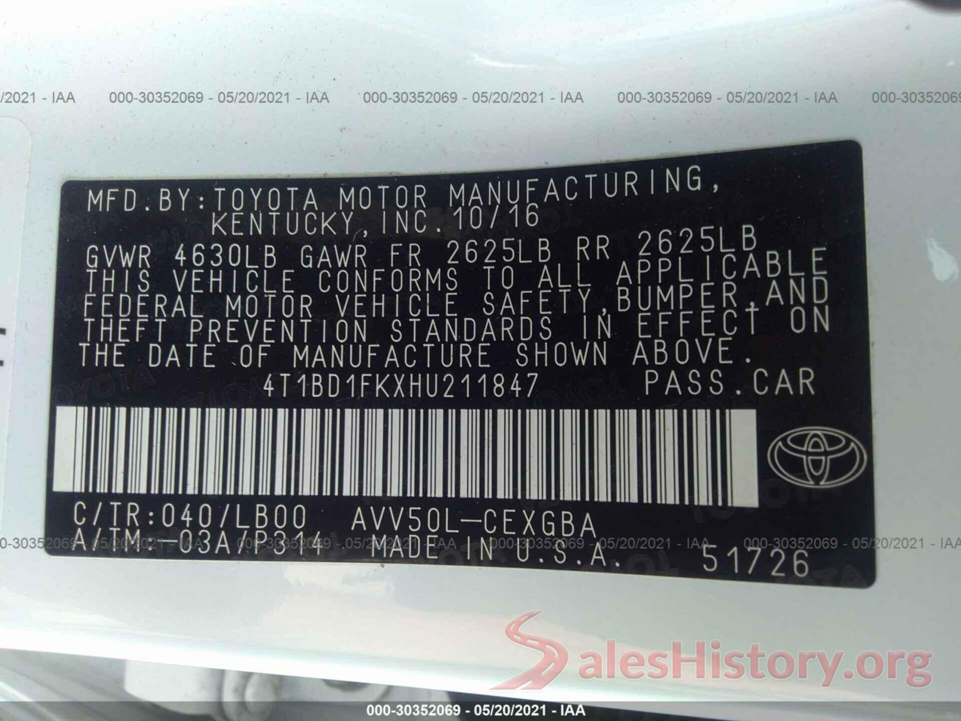 4T1BD1FKXHU211847 2017 TOYOTA CAMRY