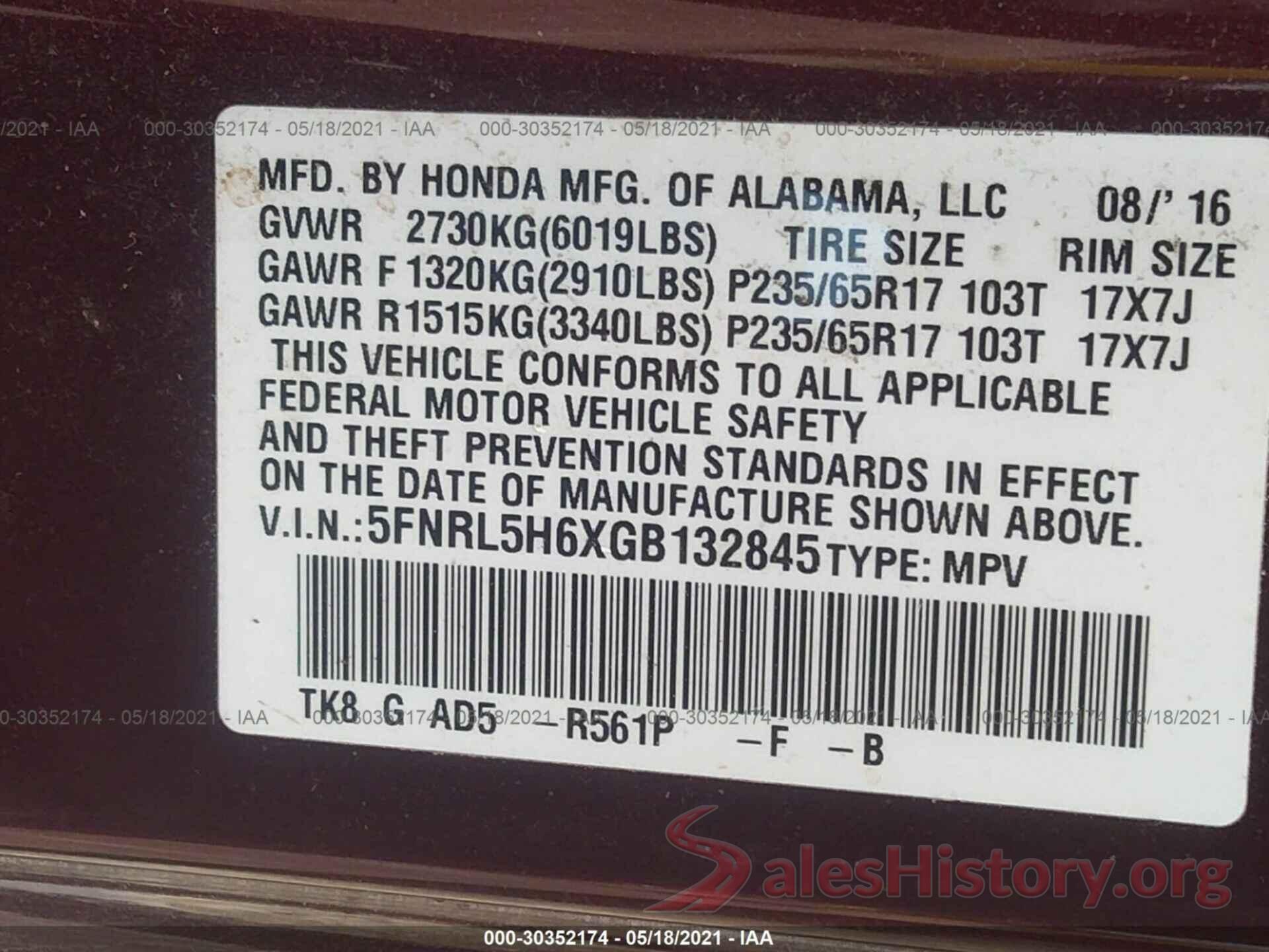 5FNRL5H6XGB132845 2016 HONDA ODYSSEY