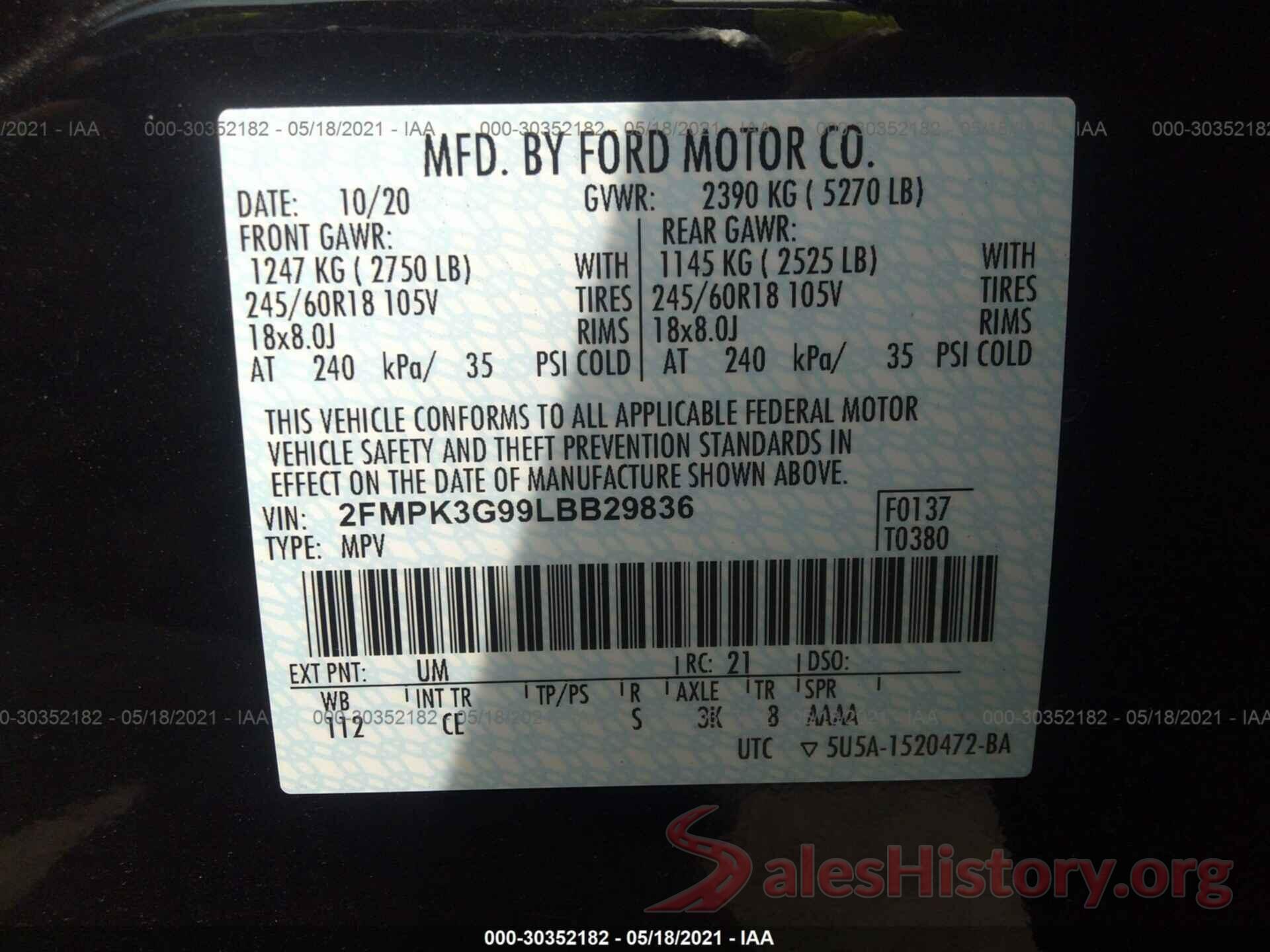 2FMPK3G99LBB29836 2020 FORD EDGE