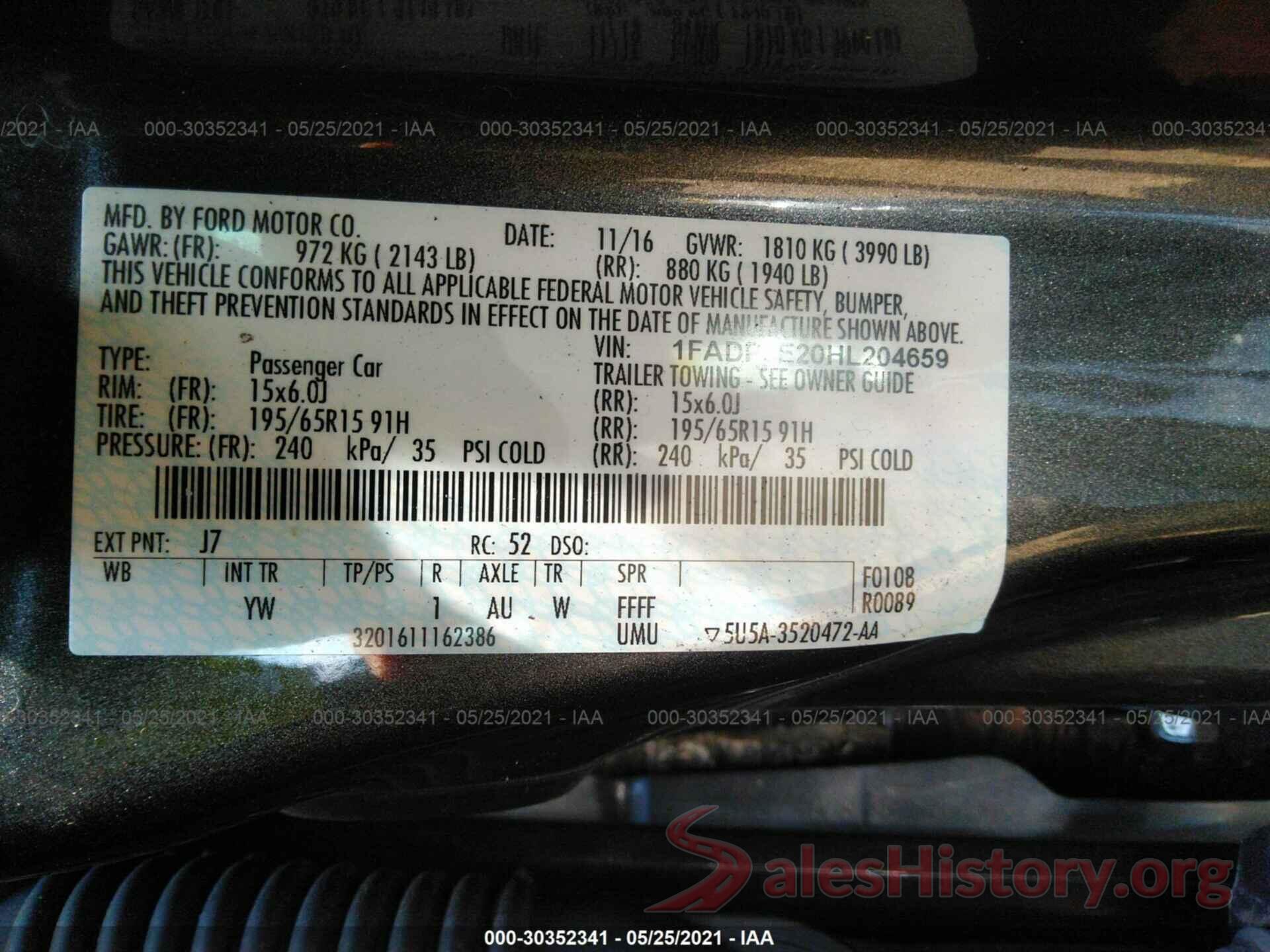 1FADP3E20HL204659 2017 FORD FOCUS