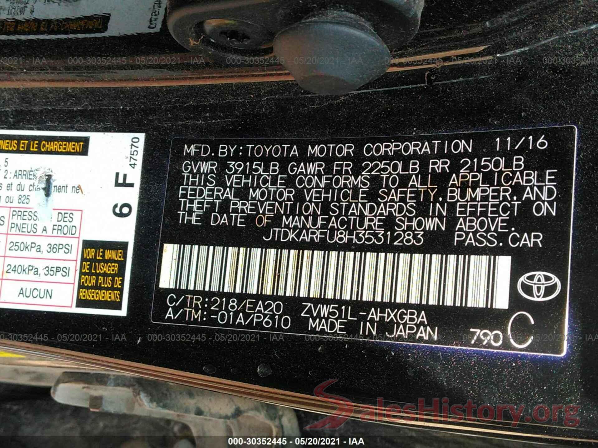 JTDKARFU8H3531283 2017 TOYOTA PRIUS