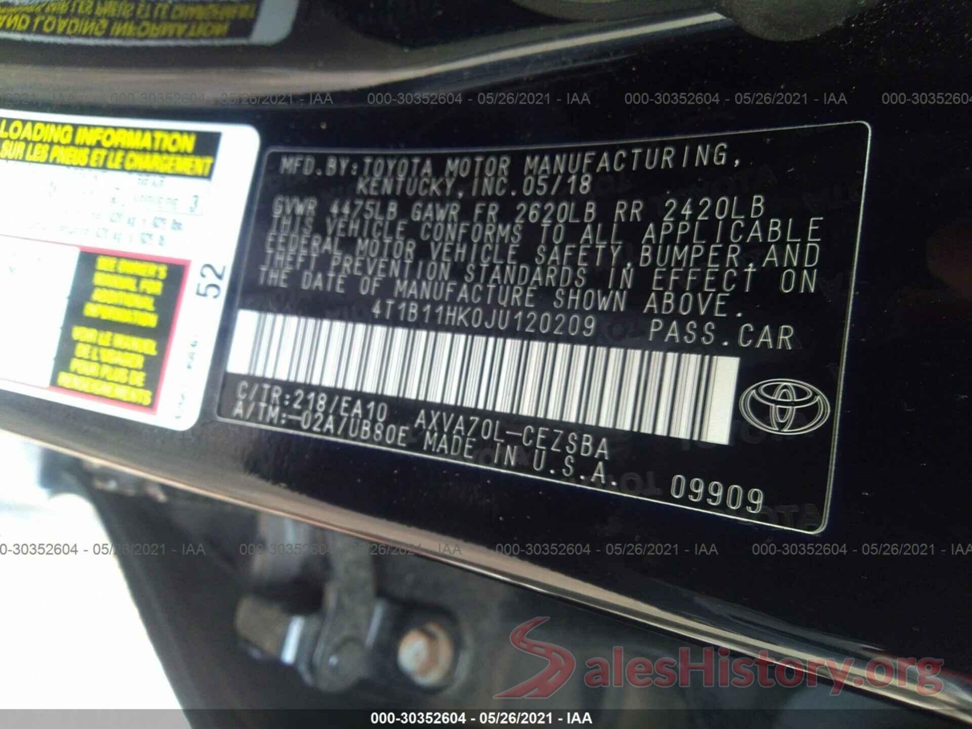 4T1B11HK0JU120209 2018 TOYOTA CAMRY